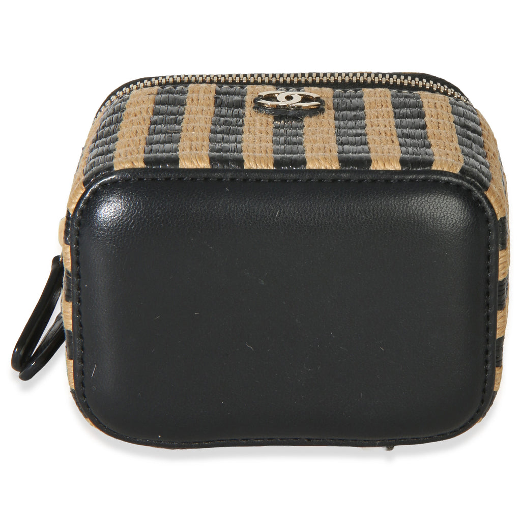 Chanel Black Beige Raffia Jute Striped Mini Vanity Case With Chain