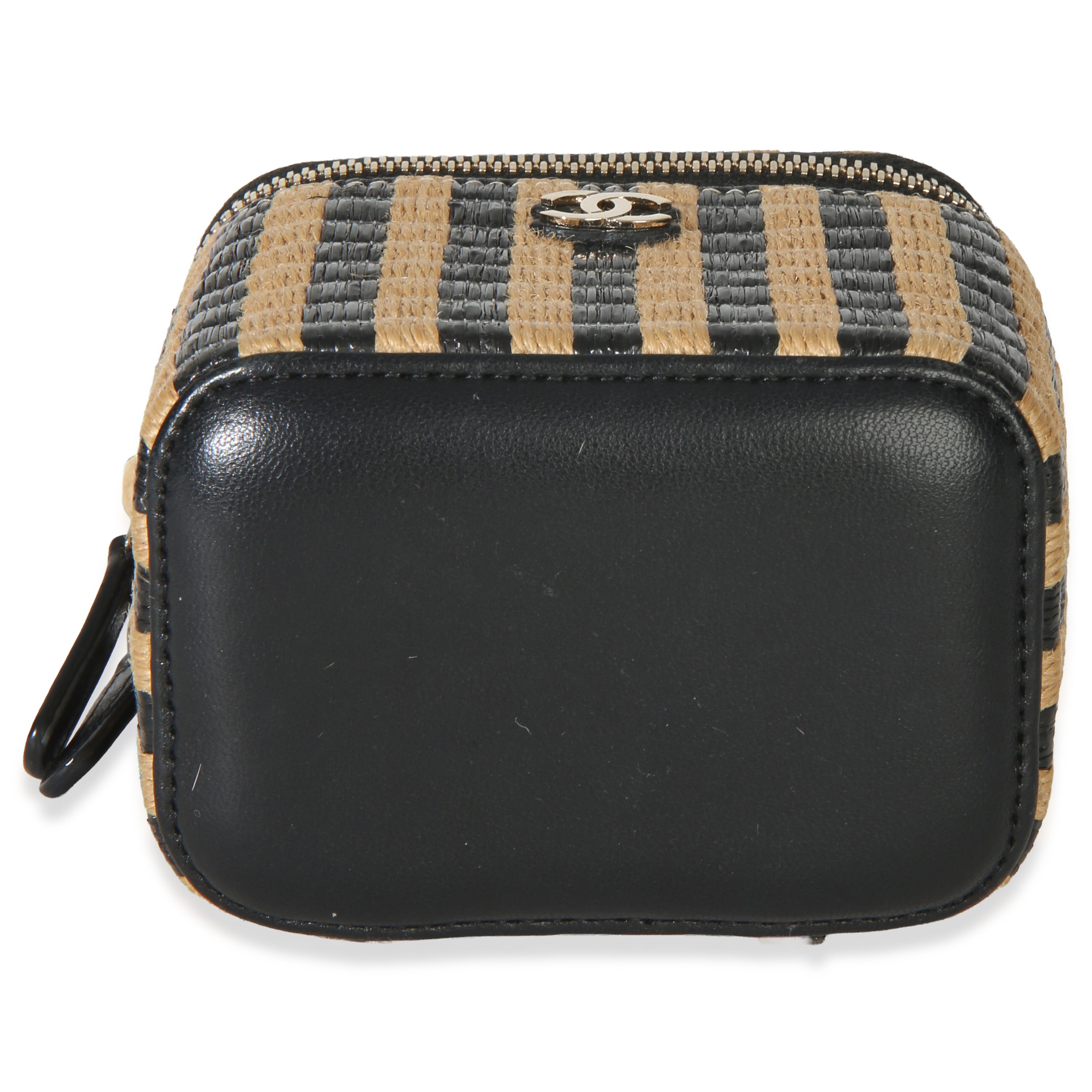 Chanel Black Beige Raffia Jute Striped Mini Vanity Case With Chain