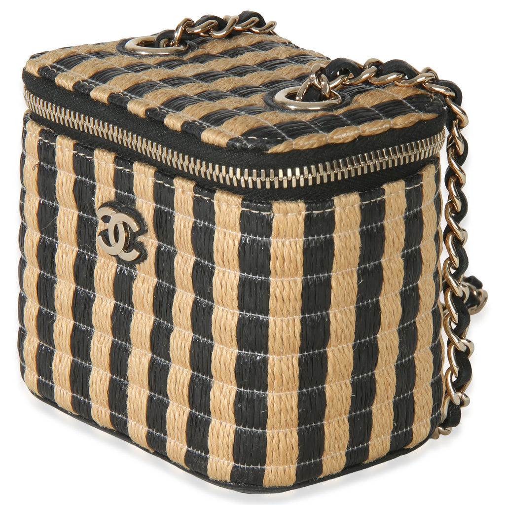 Chanel Black Beige Raffia Jute Striped Mini Vanity Case With Chain