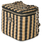 Chanel Black Beige Raffia Jute Striped Mini Vanity Case With Chain