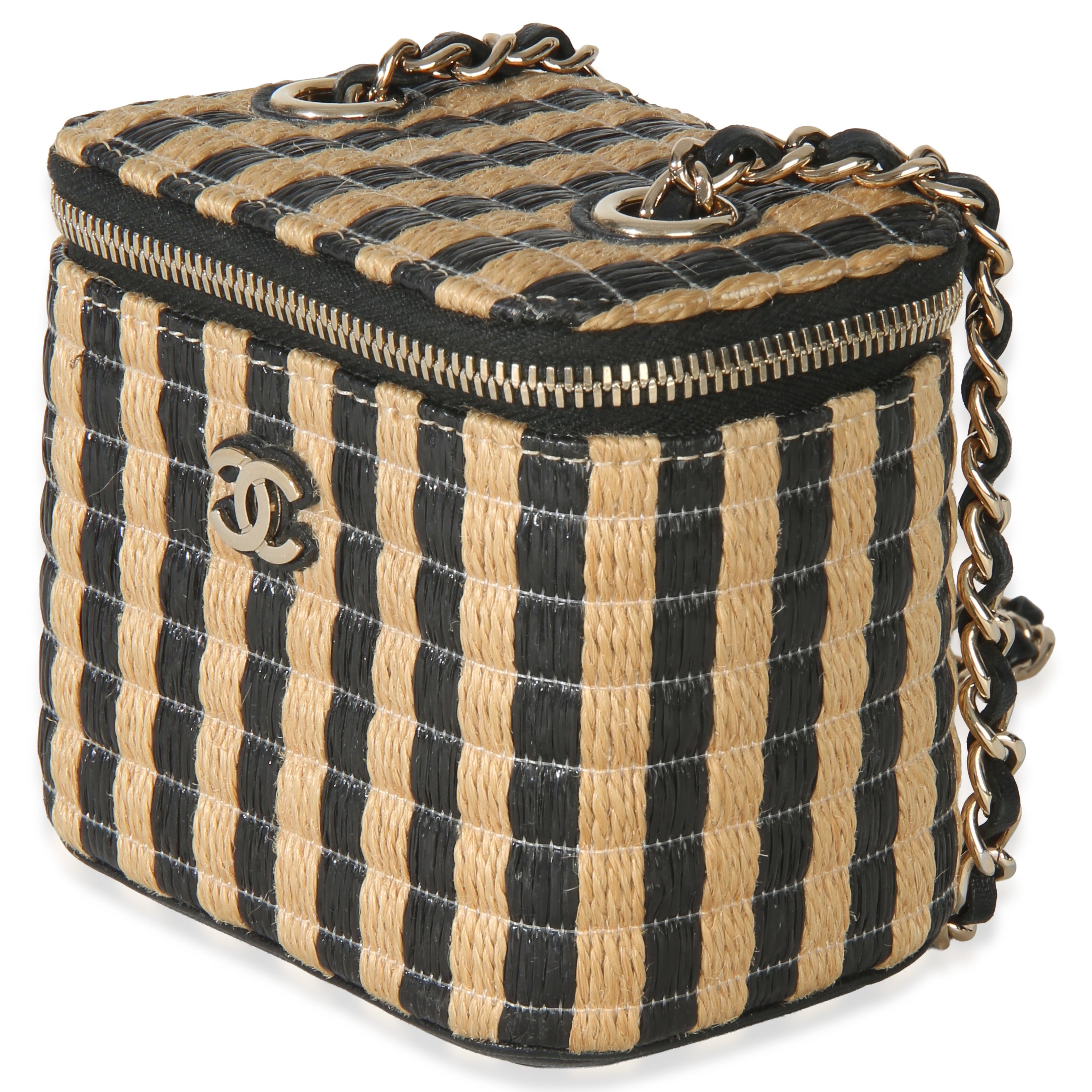 Chanel Black Beige Raffia Jute Striped Mini Vanity Case With Chain