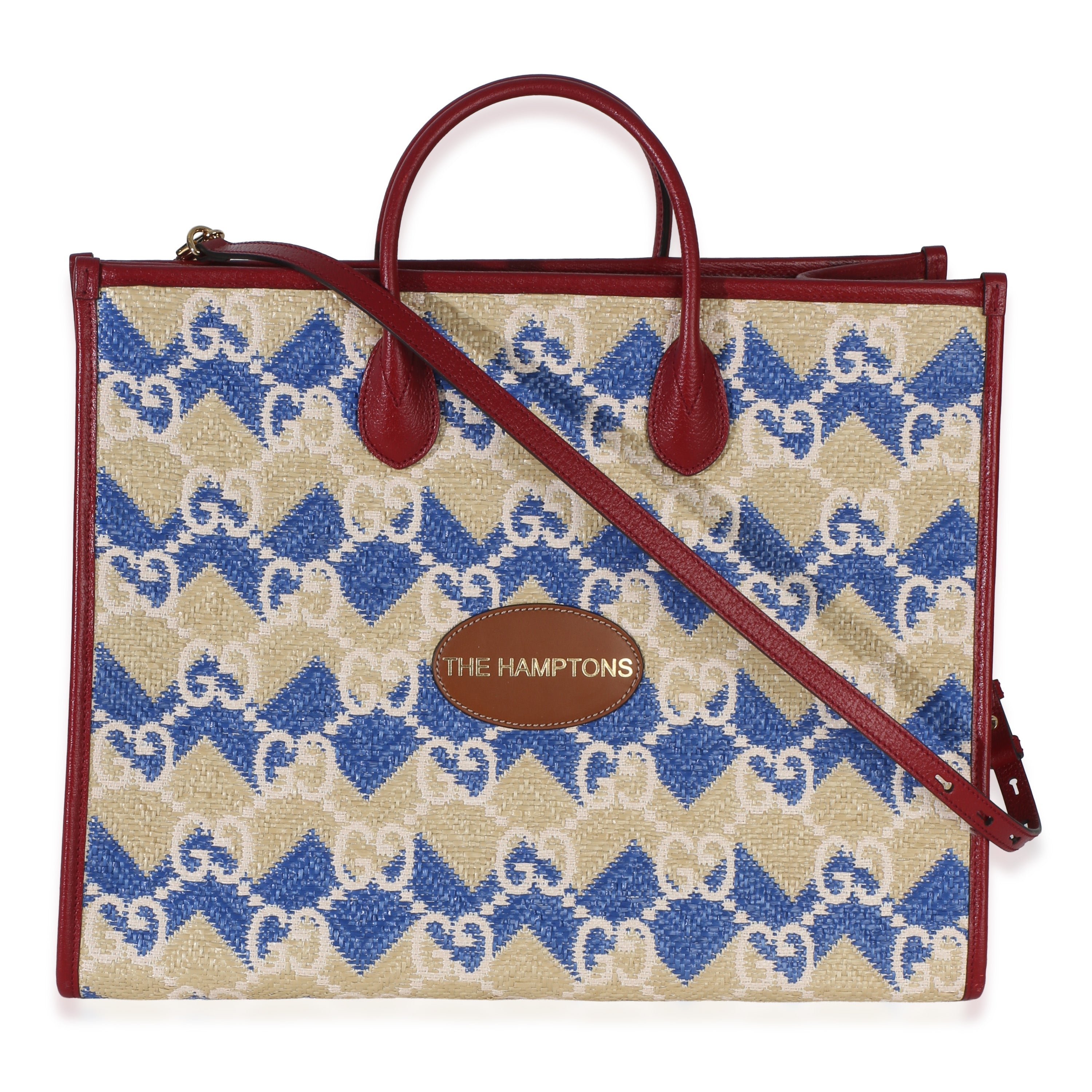 Gucci Red Blue Multicolor The Hamptons GG Raffia Large Tote
