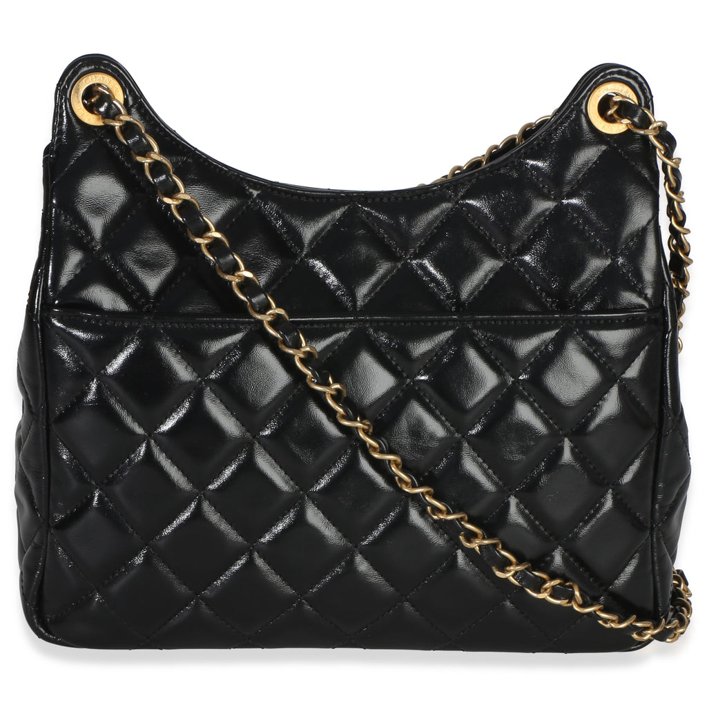 Chanel Black Quilted Shiny Crumpled Calfskin Small Wavy CC Hobo