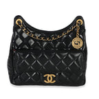 Chanel Black Quilted Shiny Crumpled Calfskin Small Wavy CC Hobo