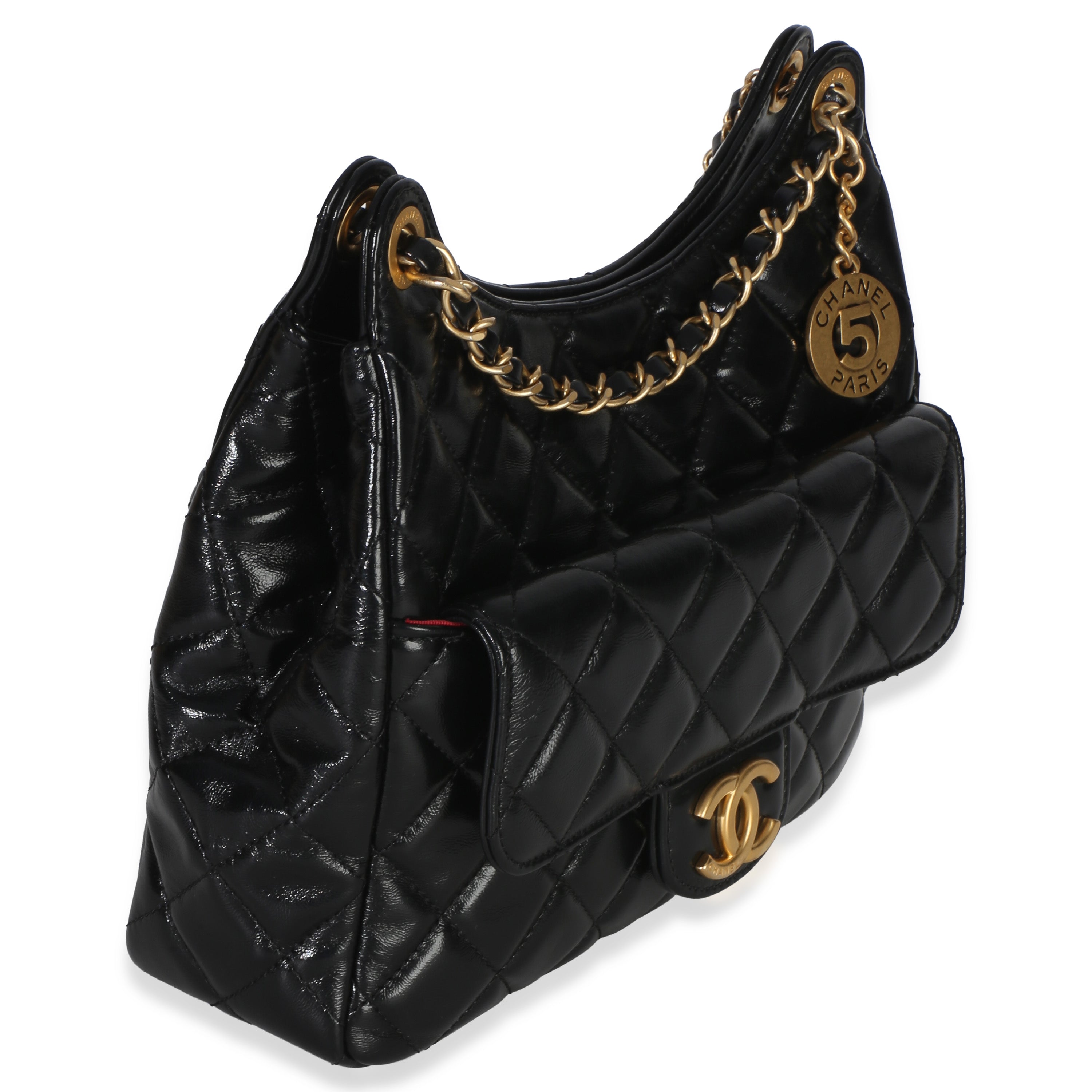 Chanel Black Quilted Shiny Crumpled Calfskin Small Wavy CC Hobo