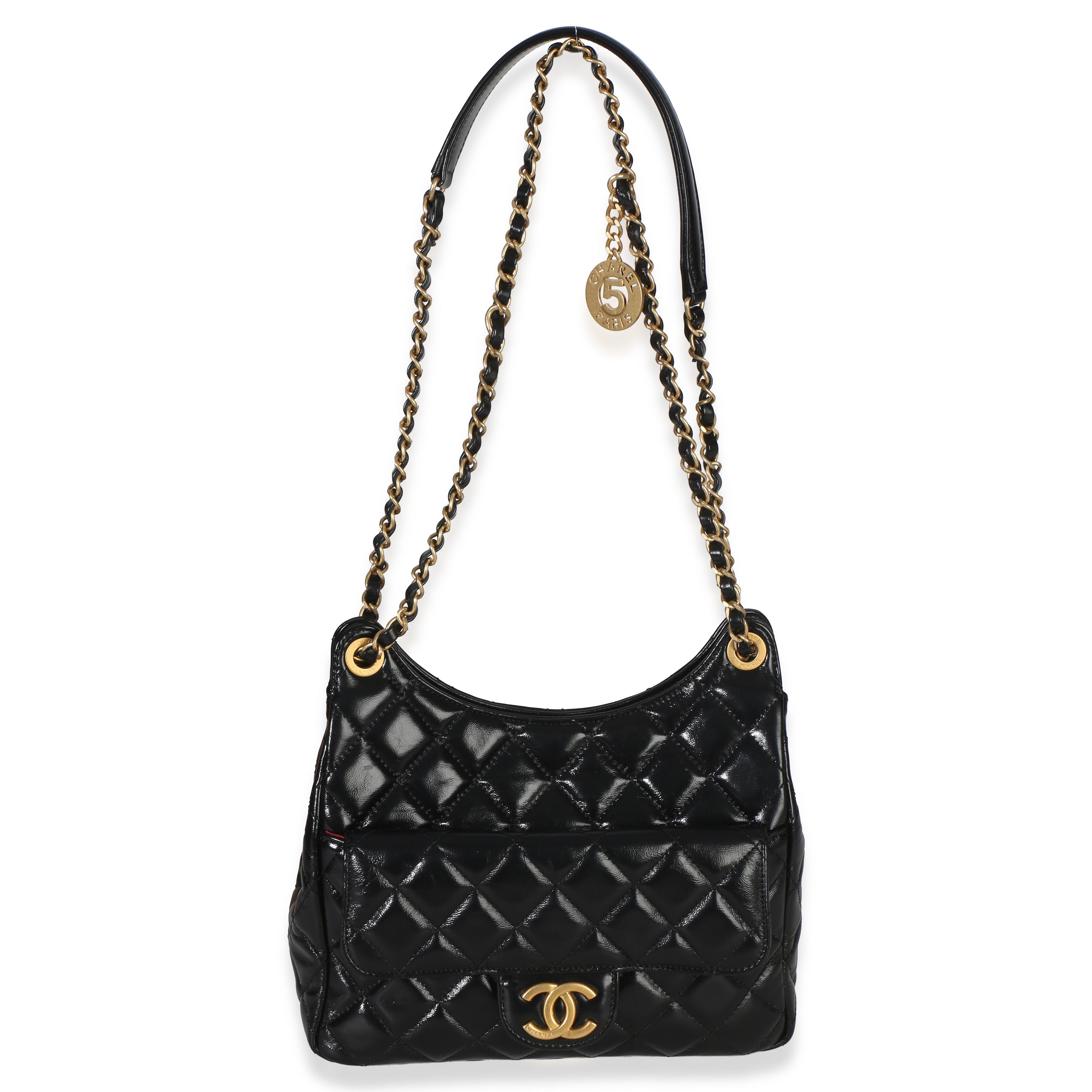 Chanel Black Quilted Shiny Crumpled Calfskin Small Wavy CC Hobo