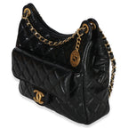 Chanel Black Quilted Shiny Crumpled Calfskin Small Wavy CC Hobo