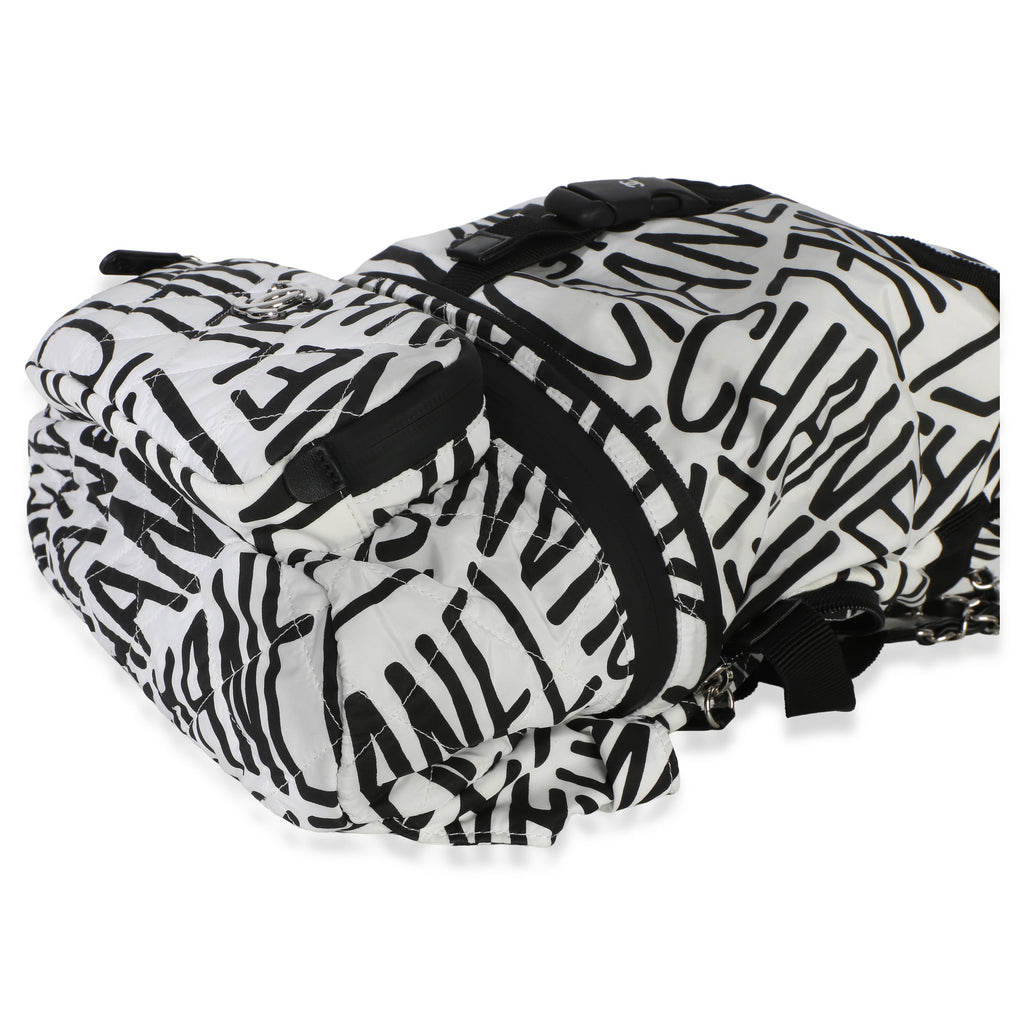 Chanel White Black Nylon Printed Coco Neige Backpack