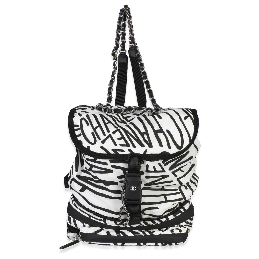Chanel White Black Nylon Printed Coco Neige Backpack