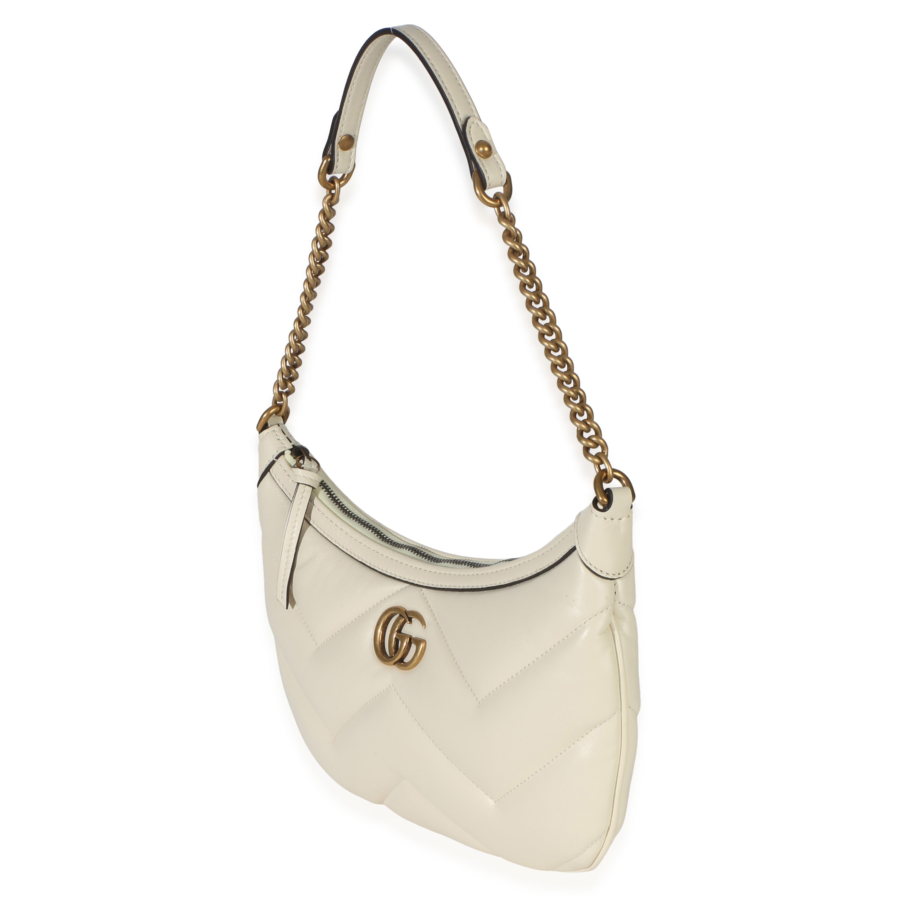 Gucci Cream GG Marmont Matelasse Small Chain Moon Hobo