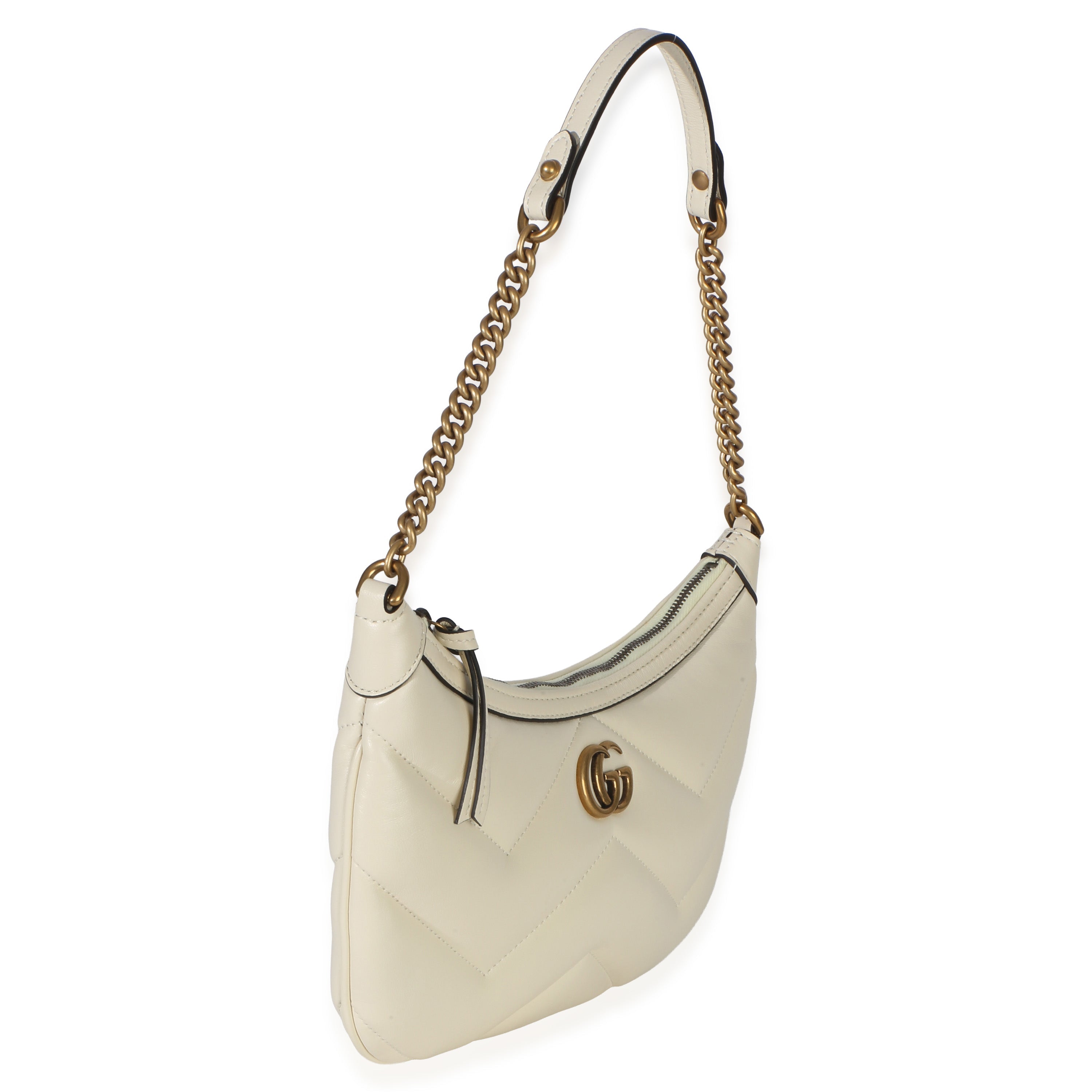Gucci Cream GG Marmont Matelasse Small Chain Moon Hobo