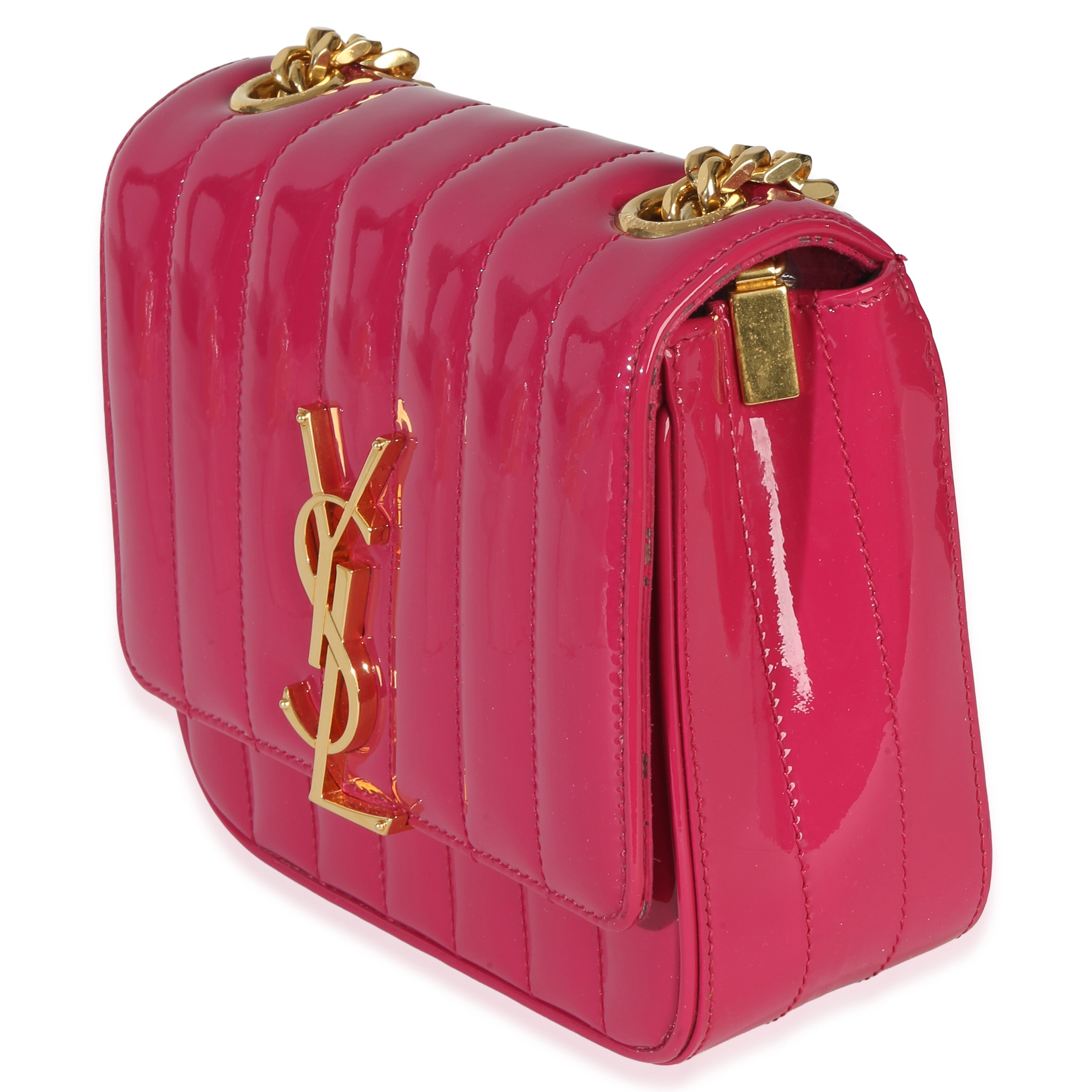 Saint Laurent Pink Patent Matelasse Monogram Small Vicky Chain Bag