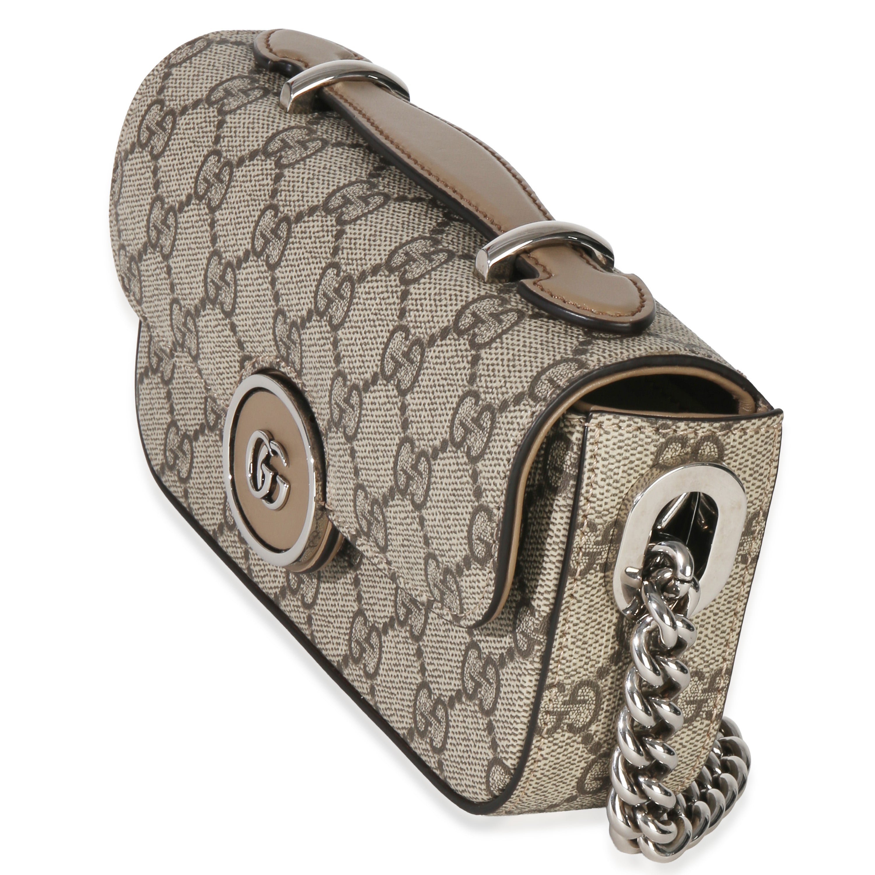 Gucci Beige Ebony GG Supreme Senna Petite GG Top Handle Chain Shoulder Bag