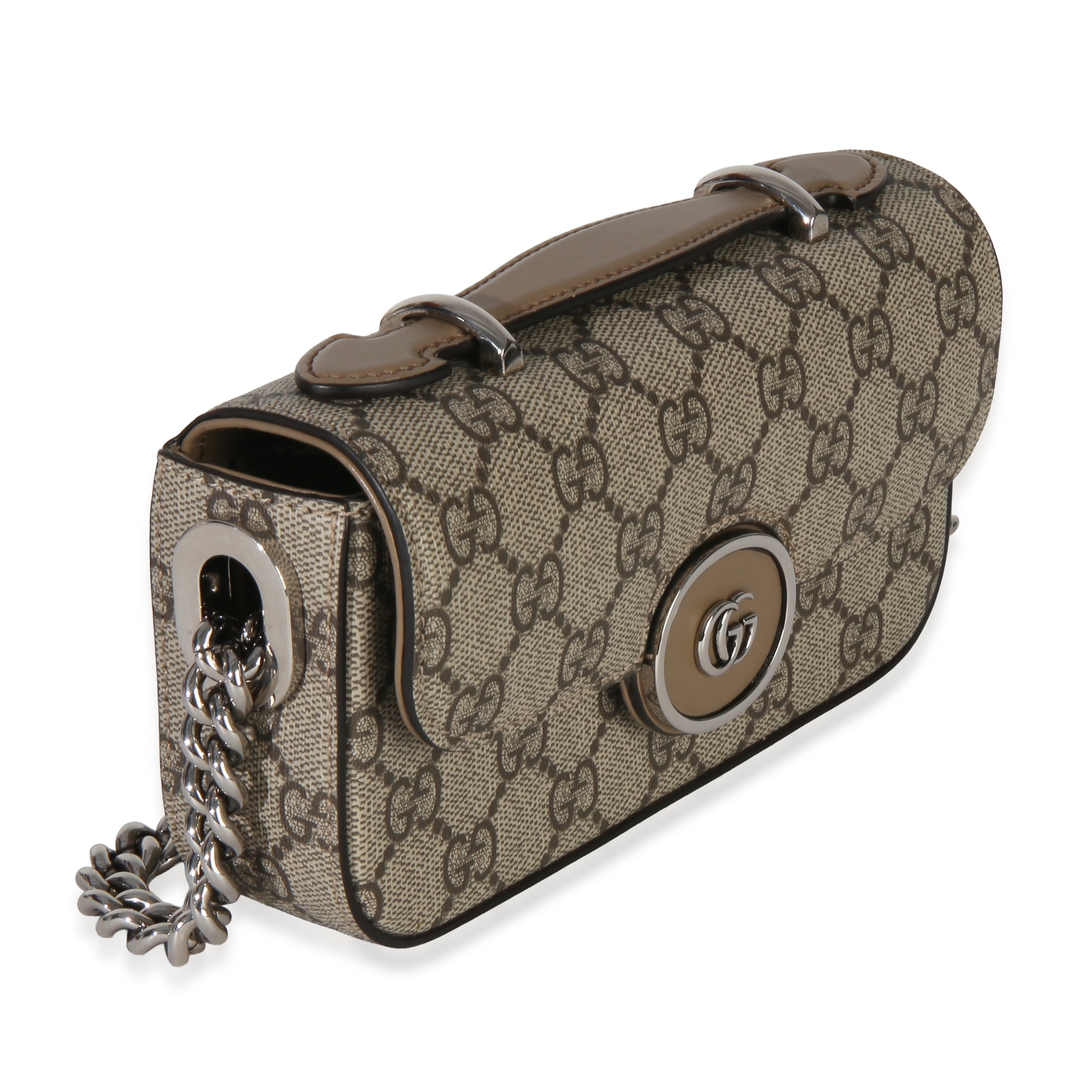 Gucci Beige Ebony GG Supreme Senna Petite GG Top Handle Chain Shoulder Bag