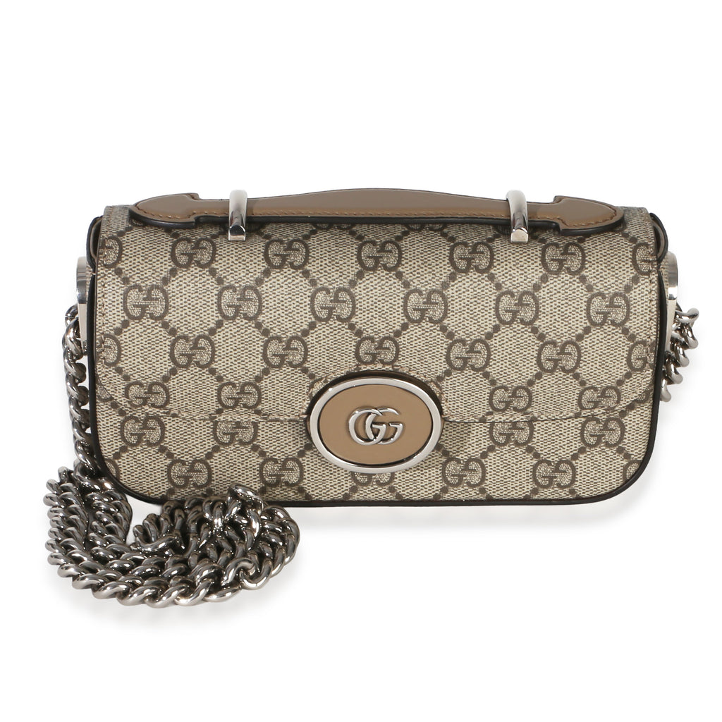 Gucci Beige Ebony GG Supreme Senna Petite GG Top Handle Chain Shoulder Bag