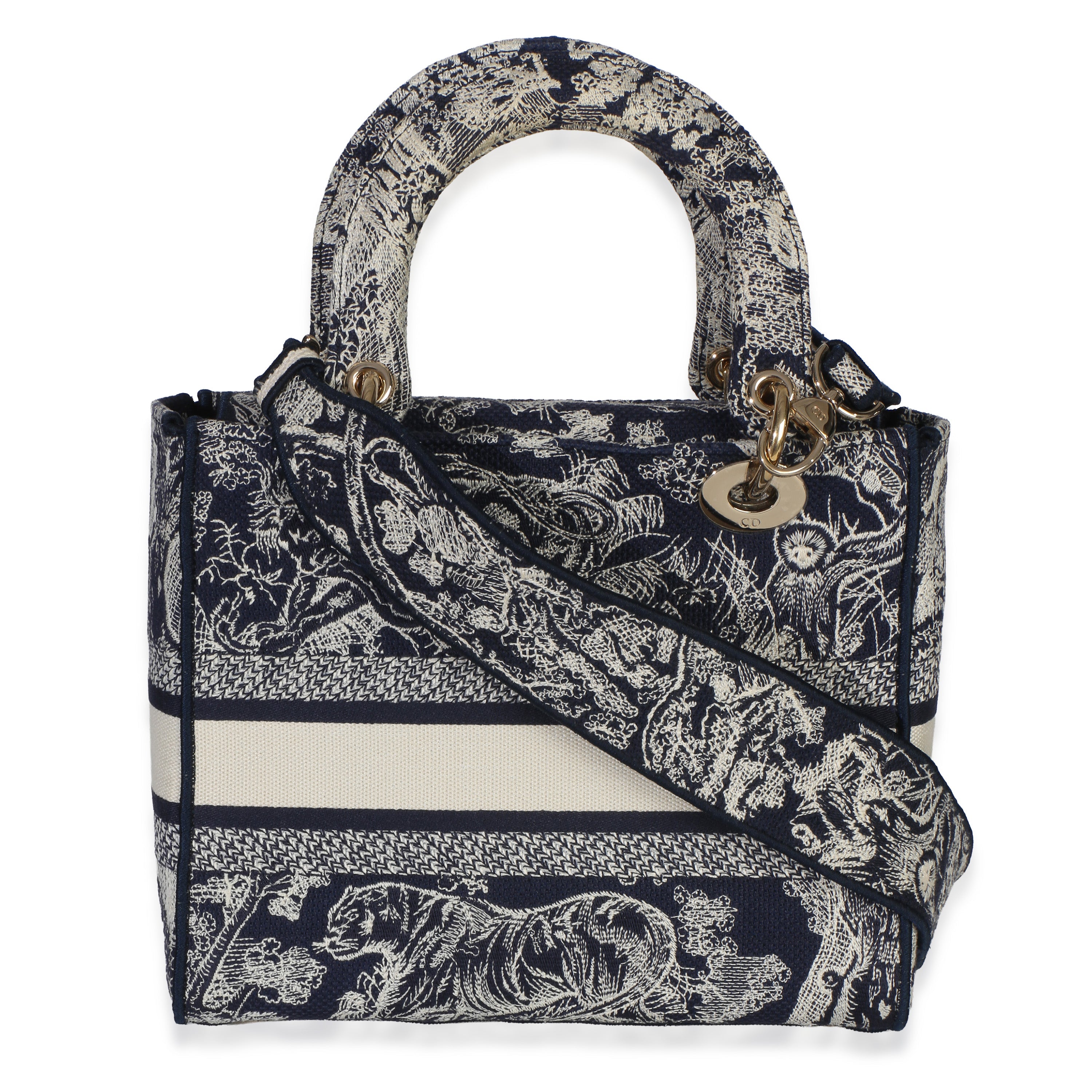 Christian Dior Navy Canvas Toile De Jouy Embroidered Medium Lady D-Lite
