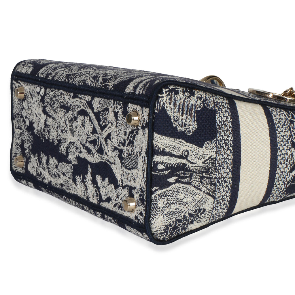 Christian Dior Navy Canvas Toile De Jouy Embroidered Medium Lady D-Lite