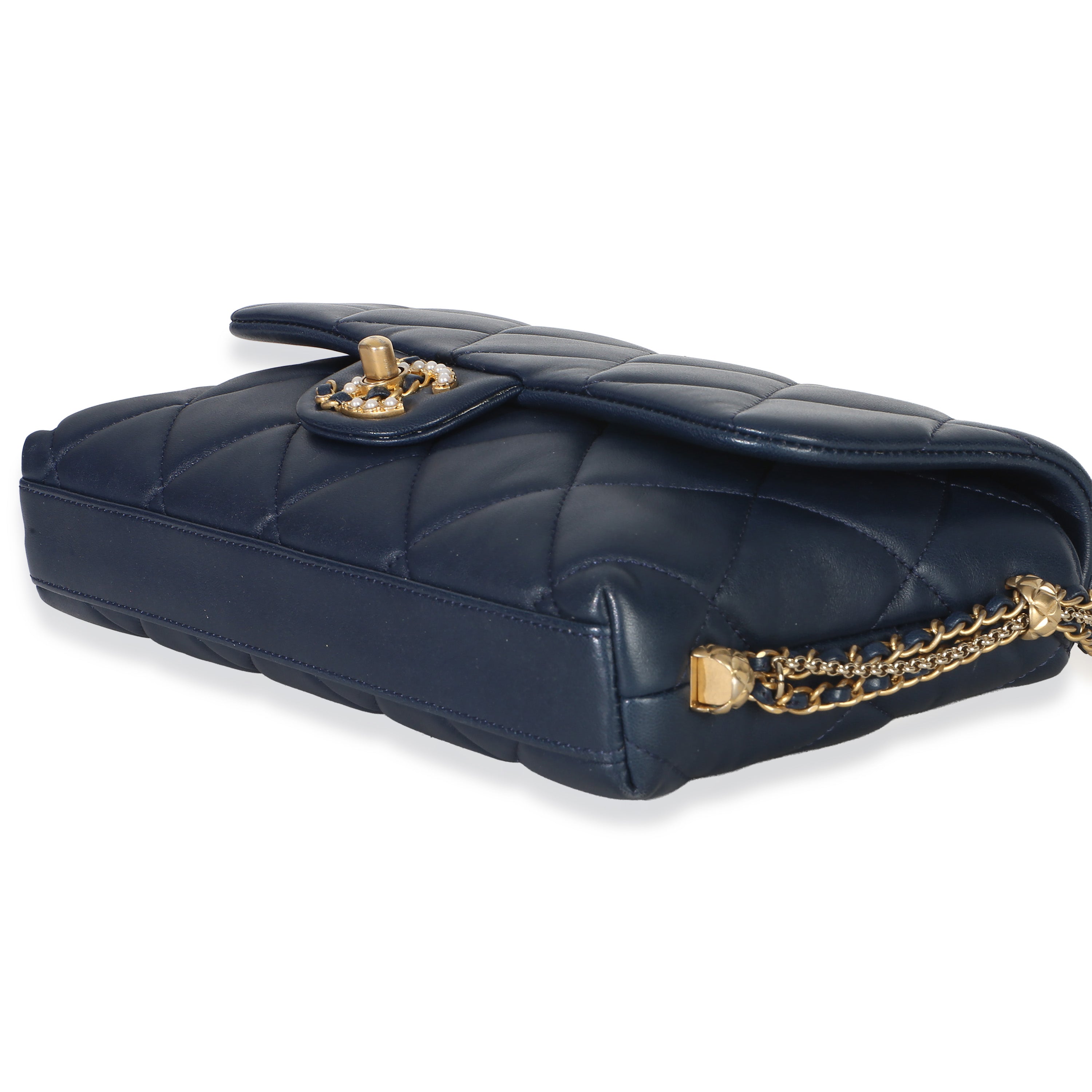 Chanel Navy Quilted Lambskin Pearl CC Crush Small Triple Chain Flap Bag