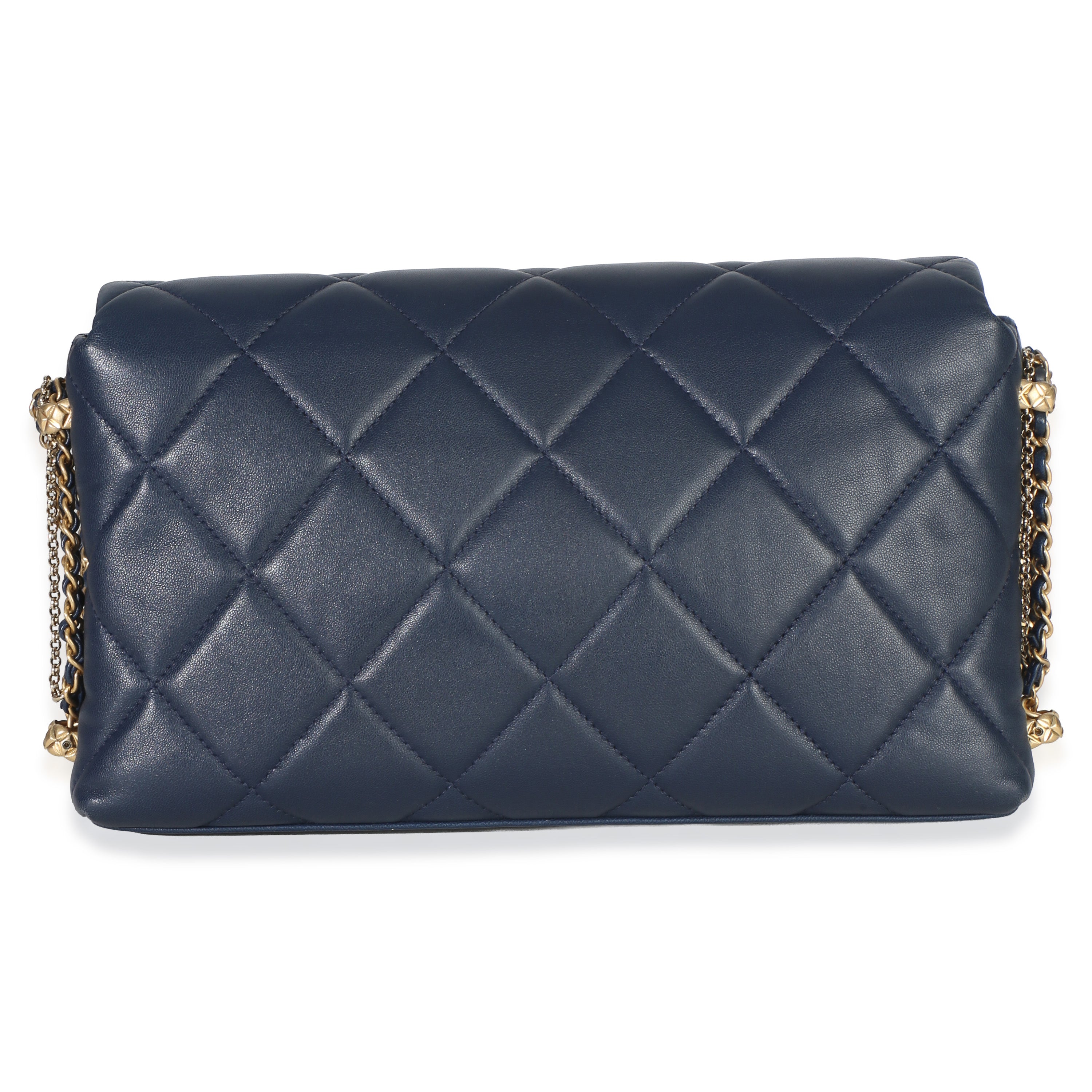 Chanel Navy Quilted Lambskin Pearl CC Crush Small Triple Chain Flap Bag