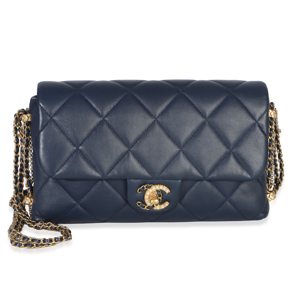 Chanel Navy Quilted Lambskin Pearl CC Crush Small Triple Chain Flap Bag