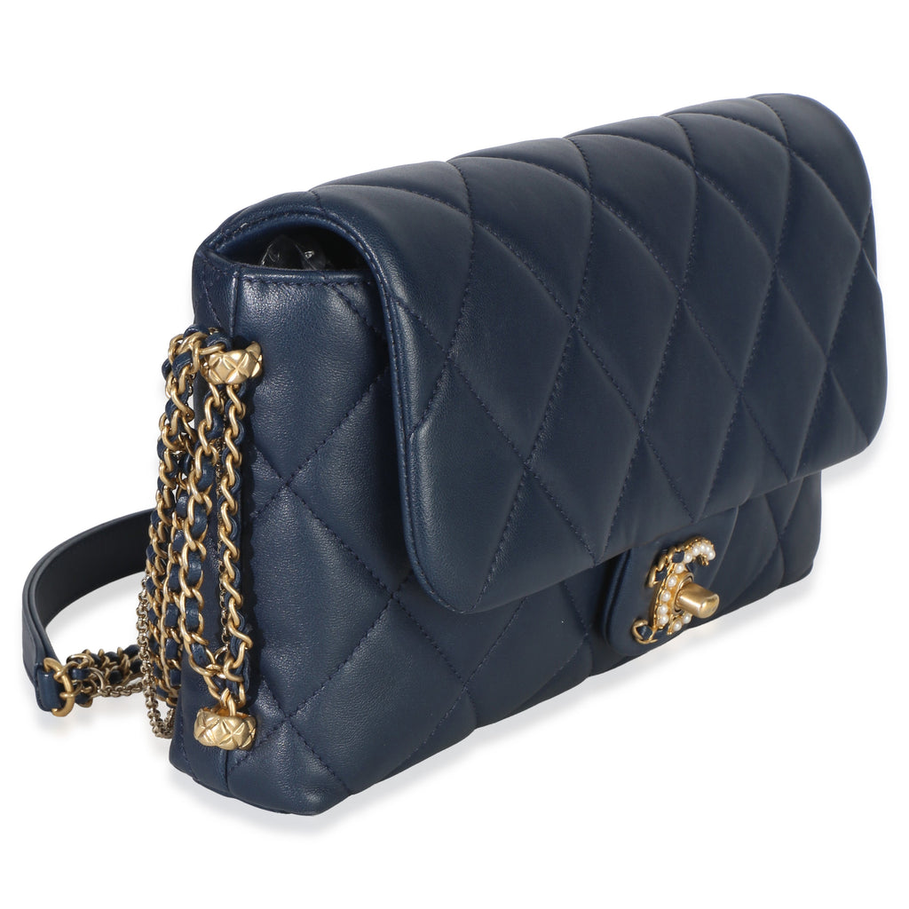 Chanel Navy Quilted Lambskin Pearl CC Crush Small Triple Chain Flap Bag