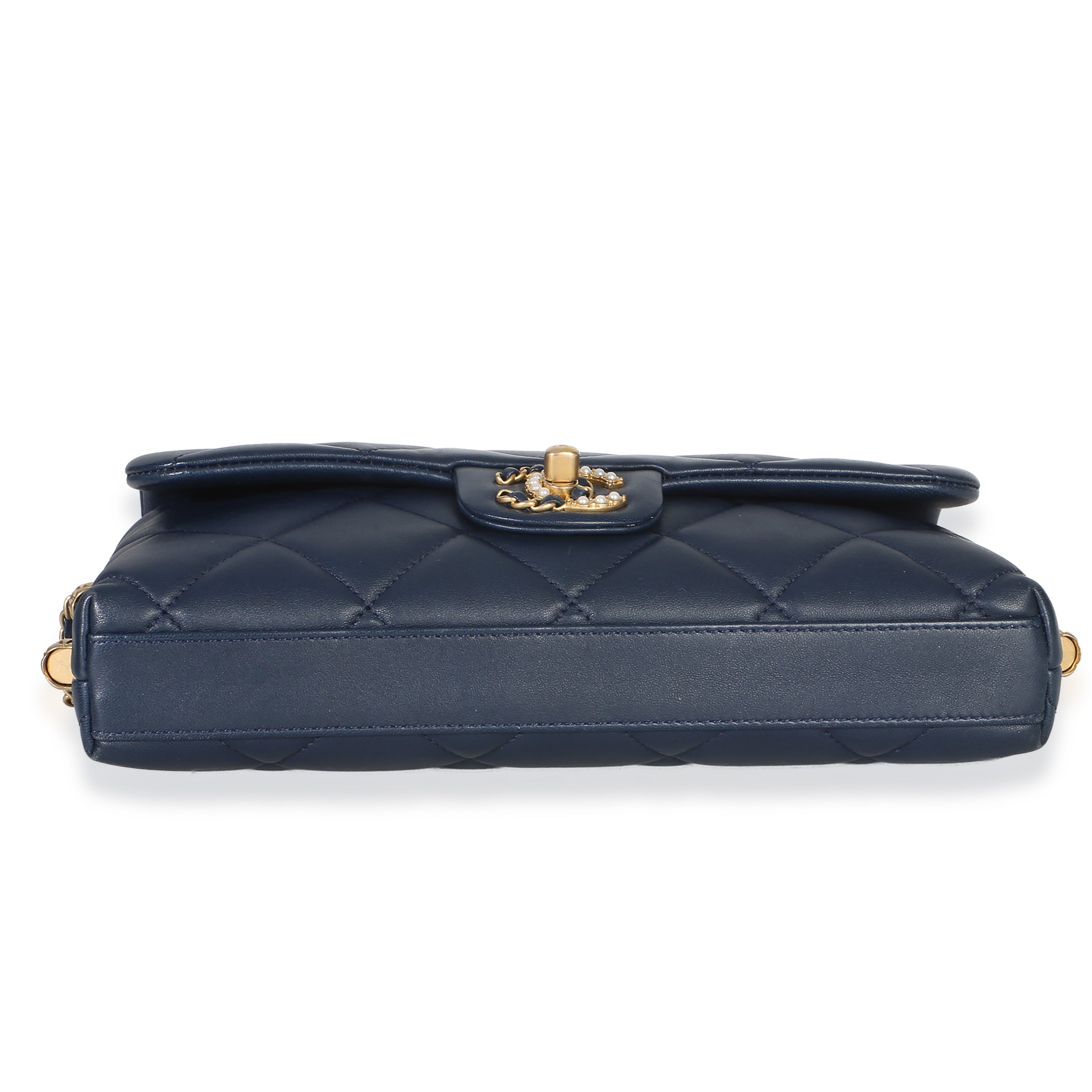 Chanel Navy Quilted Lambskin Pearl CC Crush Small Triple Chain Flap Bag