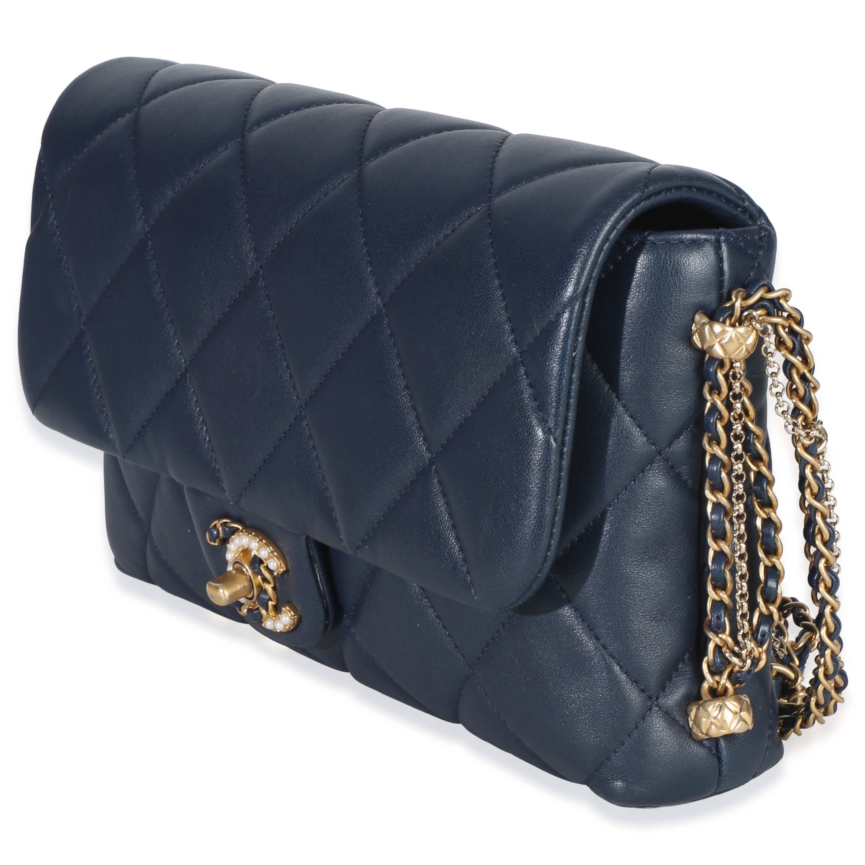 Chanel Navy Quilted Lambskin Pearl CC Crush Small Triple Chain Flap Bag