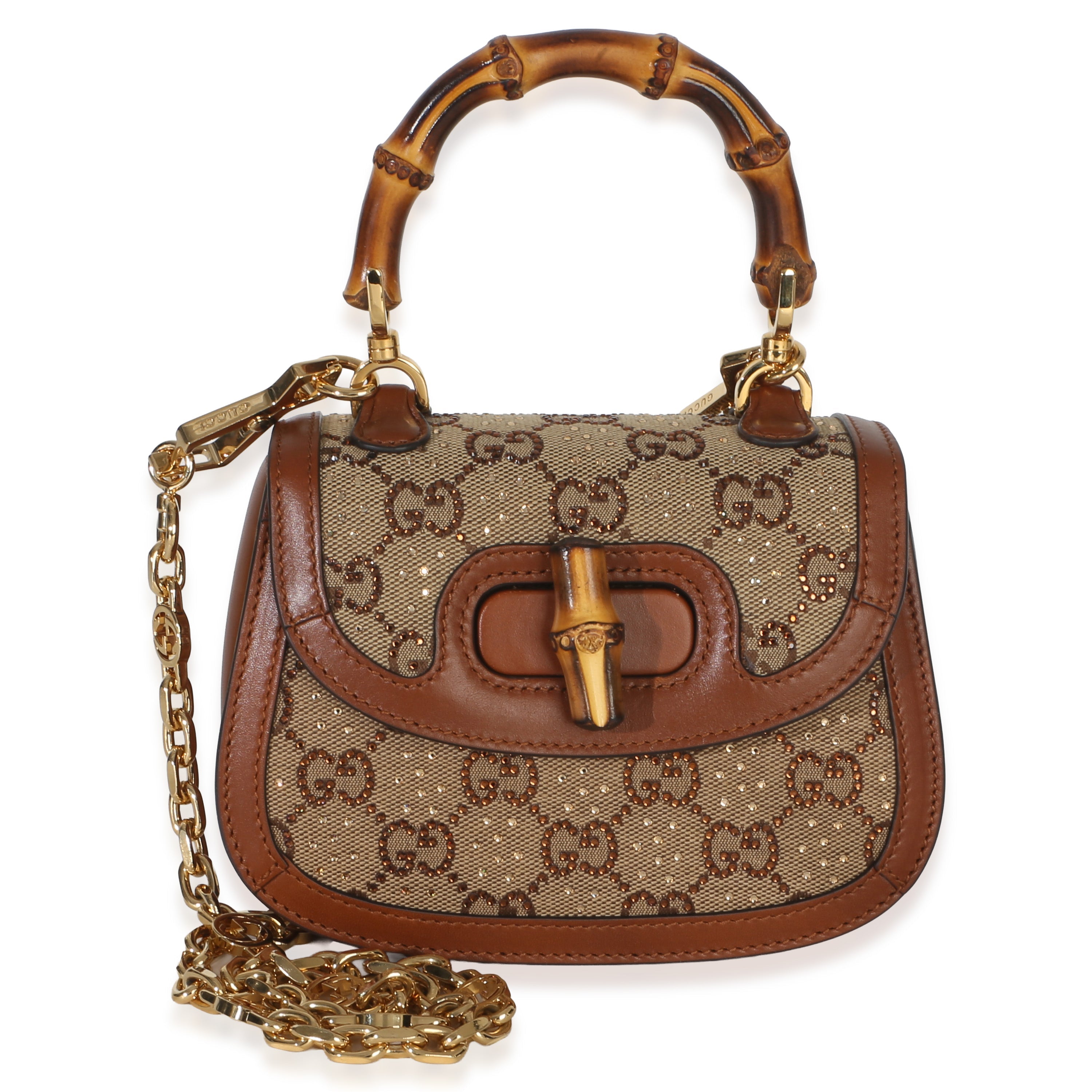 Gucci Camel GG Supreme Canvas Calfskin Crystal Small Bamboo 1947 Top Handle