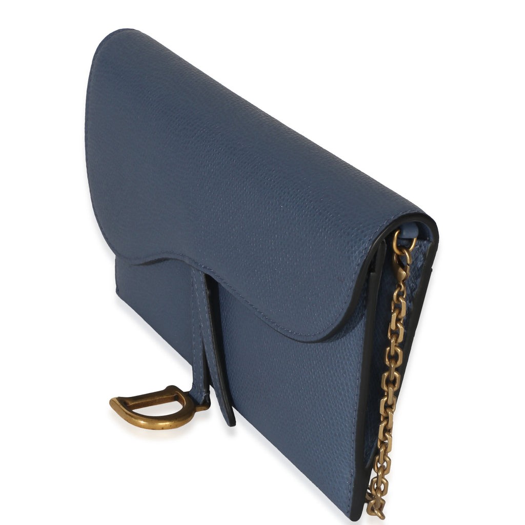 Christian Dior Blue Grained Calfskin Small Saddle Pouch With Chain