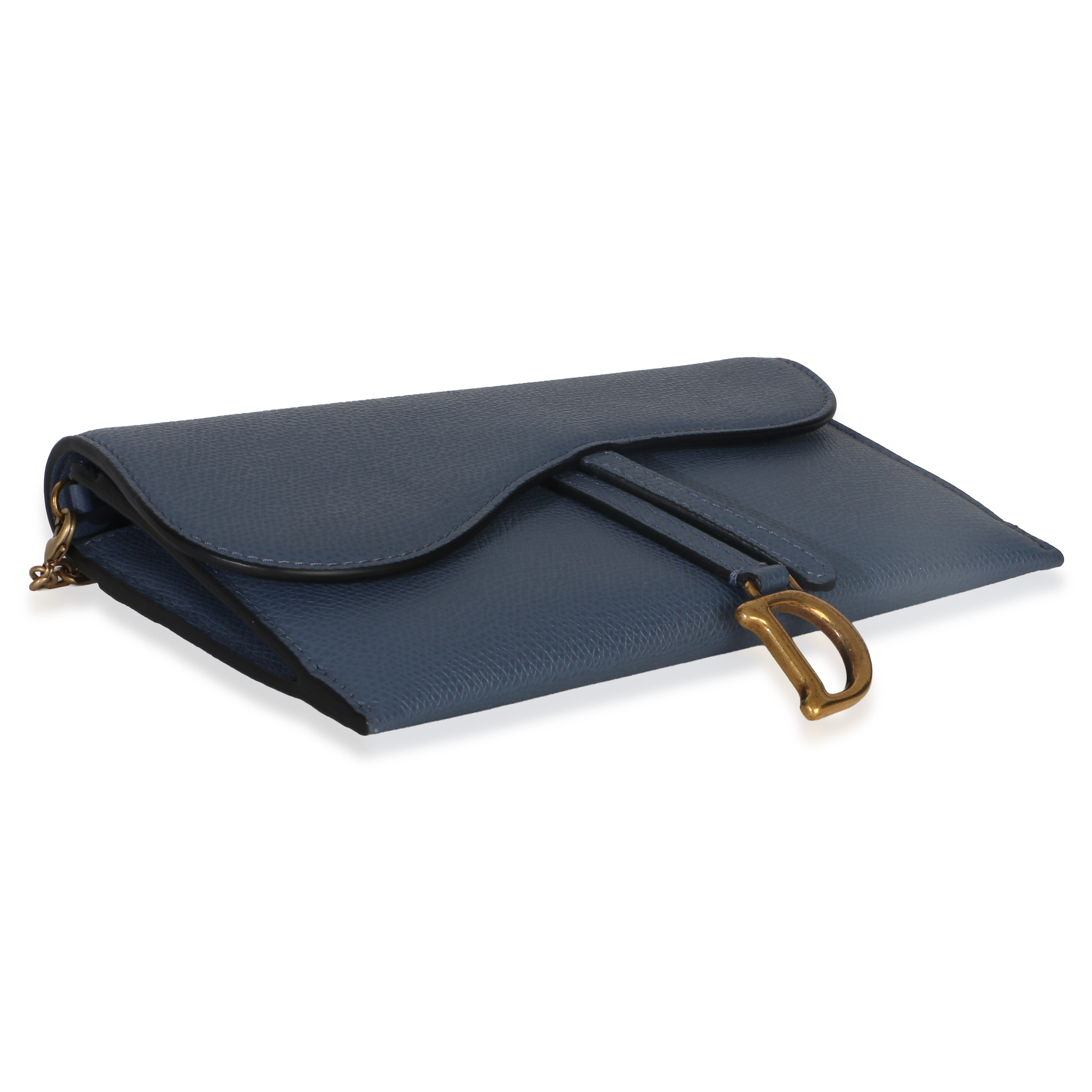 Christian Dior Blue Grained Calfskin Small Saddle Pouch With Chain