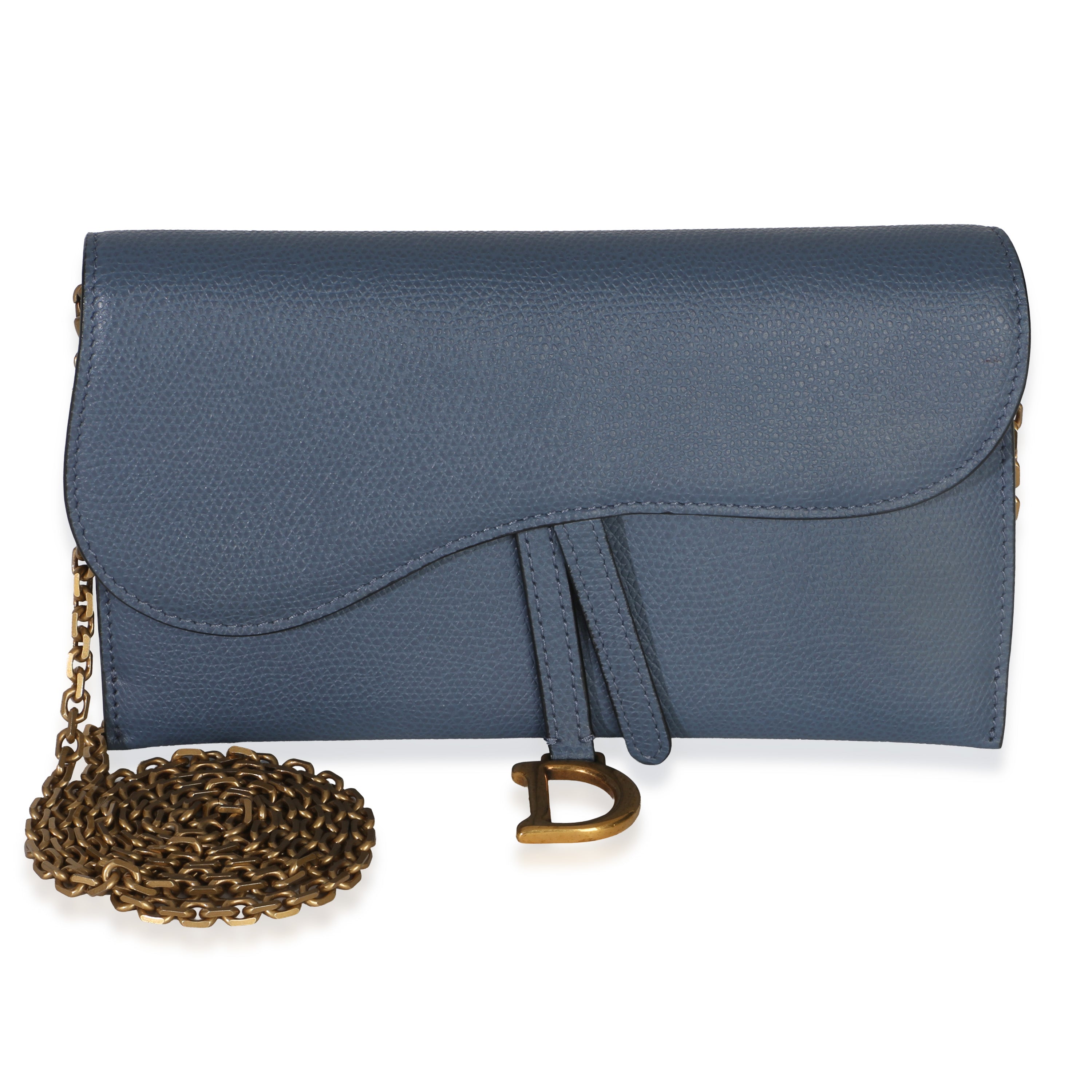 Christian Dior Blue Grained Calfskin Small Saddle Pouch With Chain