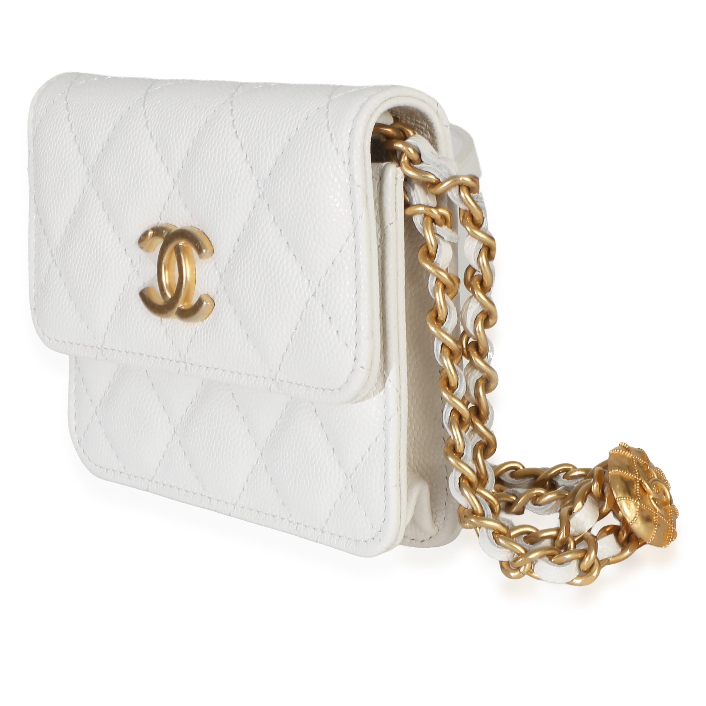 Chanel White Quilted Caviar Twist Your Buttons Coin Purse With Chain