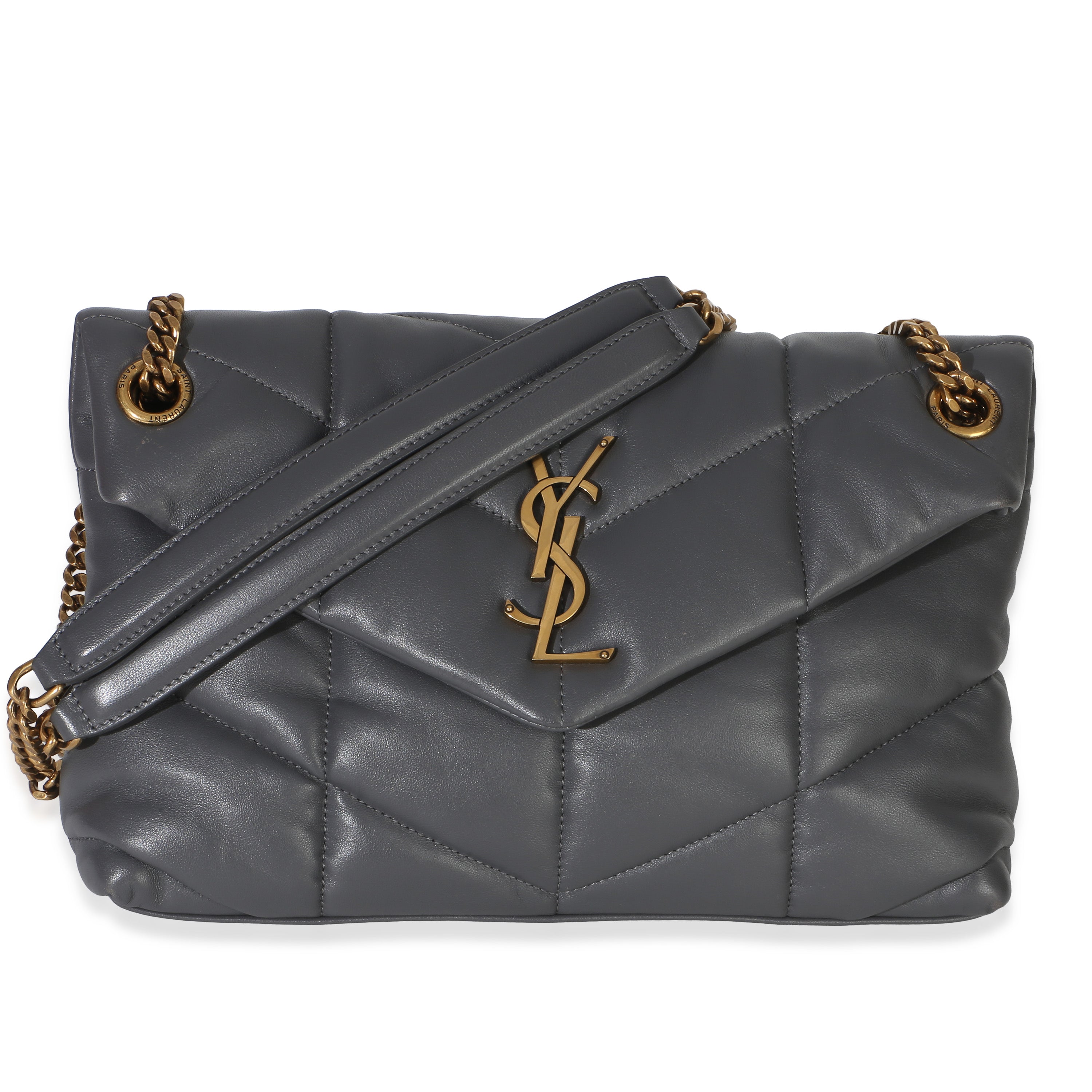Saint Laurent Grey Quilted Lambskin Toy Loulou Puffer Chain Satchel