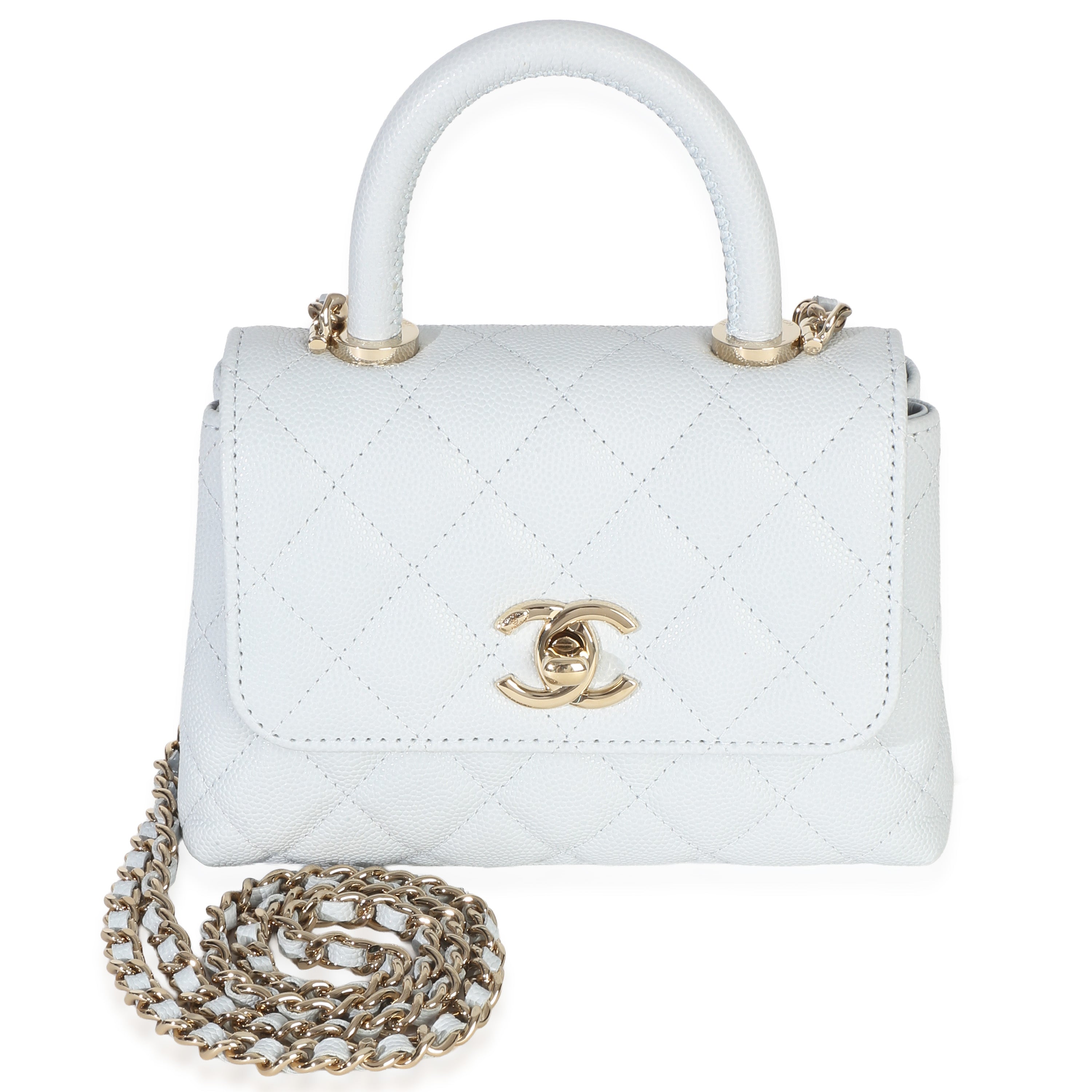 Chanel Light Blue Quilted Caviar Coco Handle Clutch With Chain