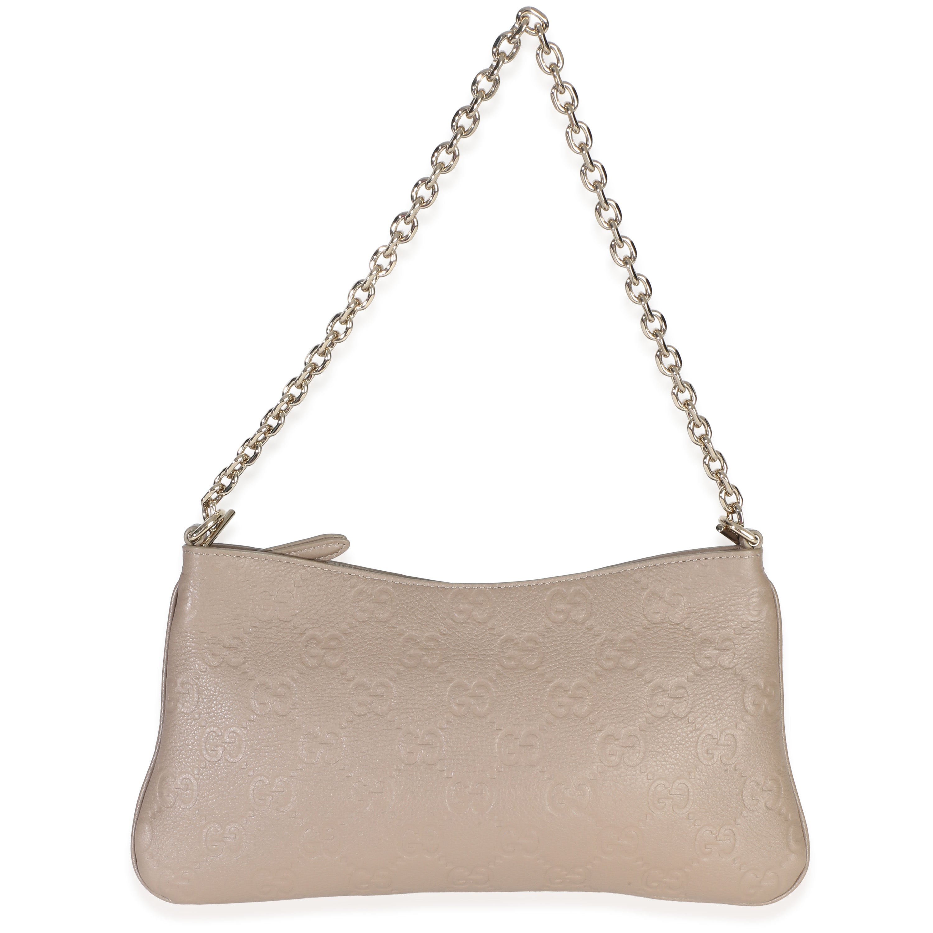 Gucci Taupe Grained Calfskin GG Emblem Embossed Medium Chain Shoulder Bag