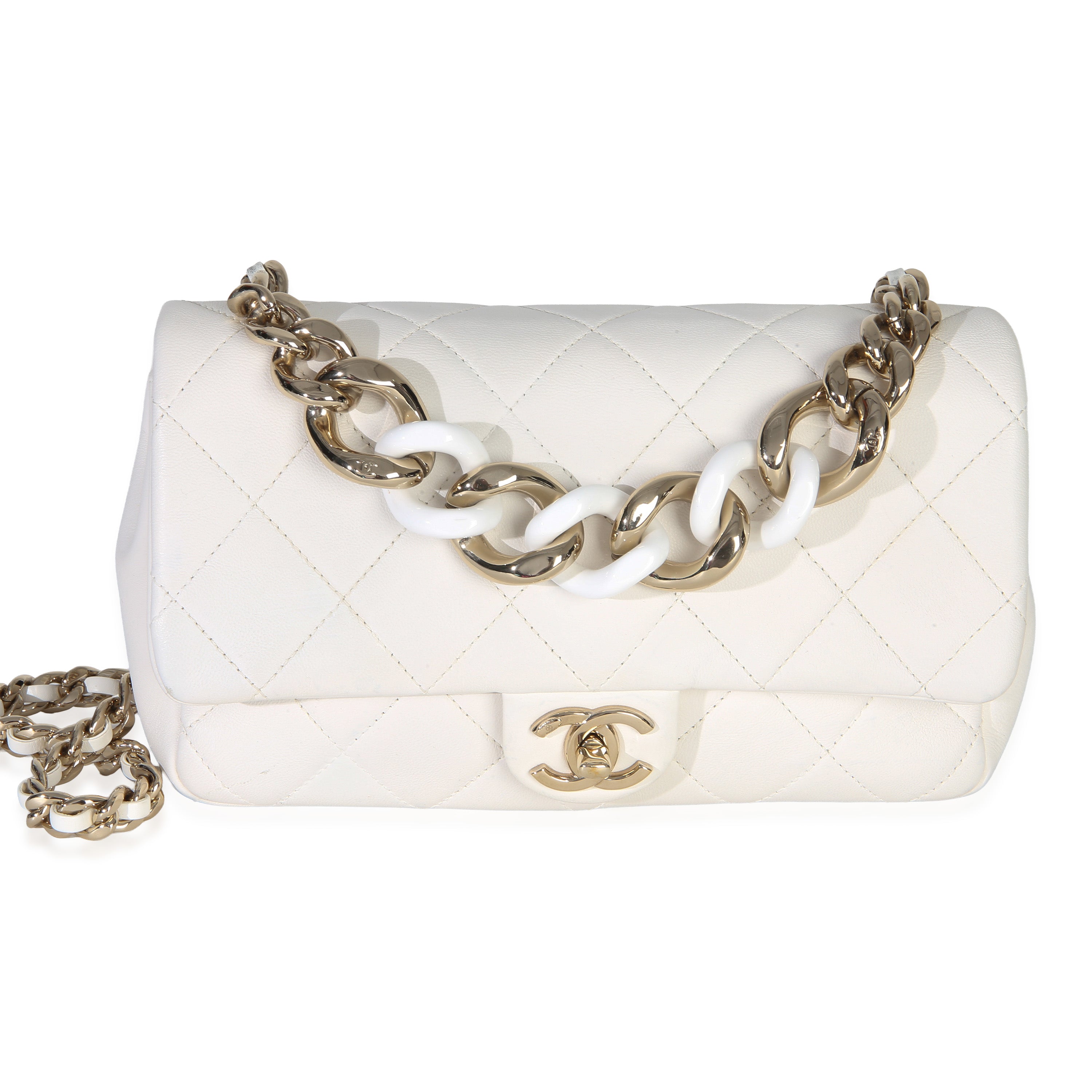 Chanel White Quilted Lambskin Resin Elegant Chain Flap Bag