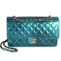Chanel Green Blue Shaded Quilted Patent Medium Classic Double Flap Bag