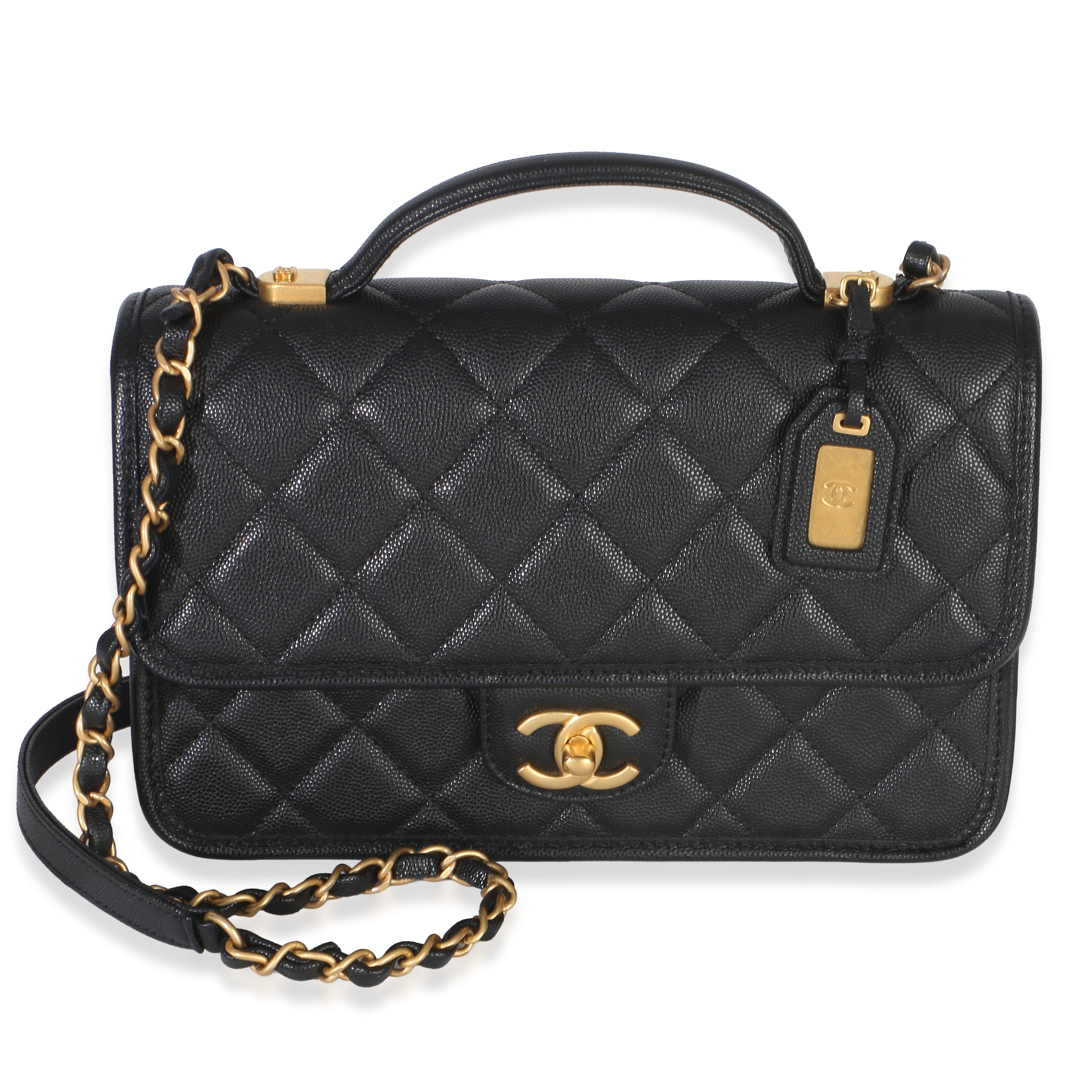 Chanel Black Quilted Caviar 22K Top Handle Flap Bag