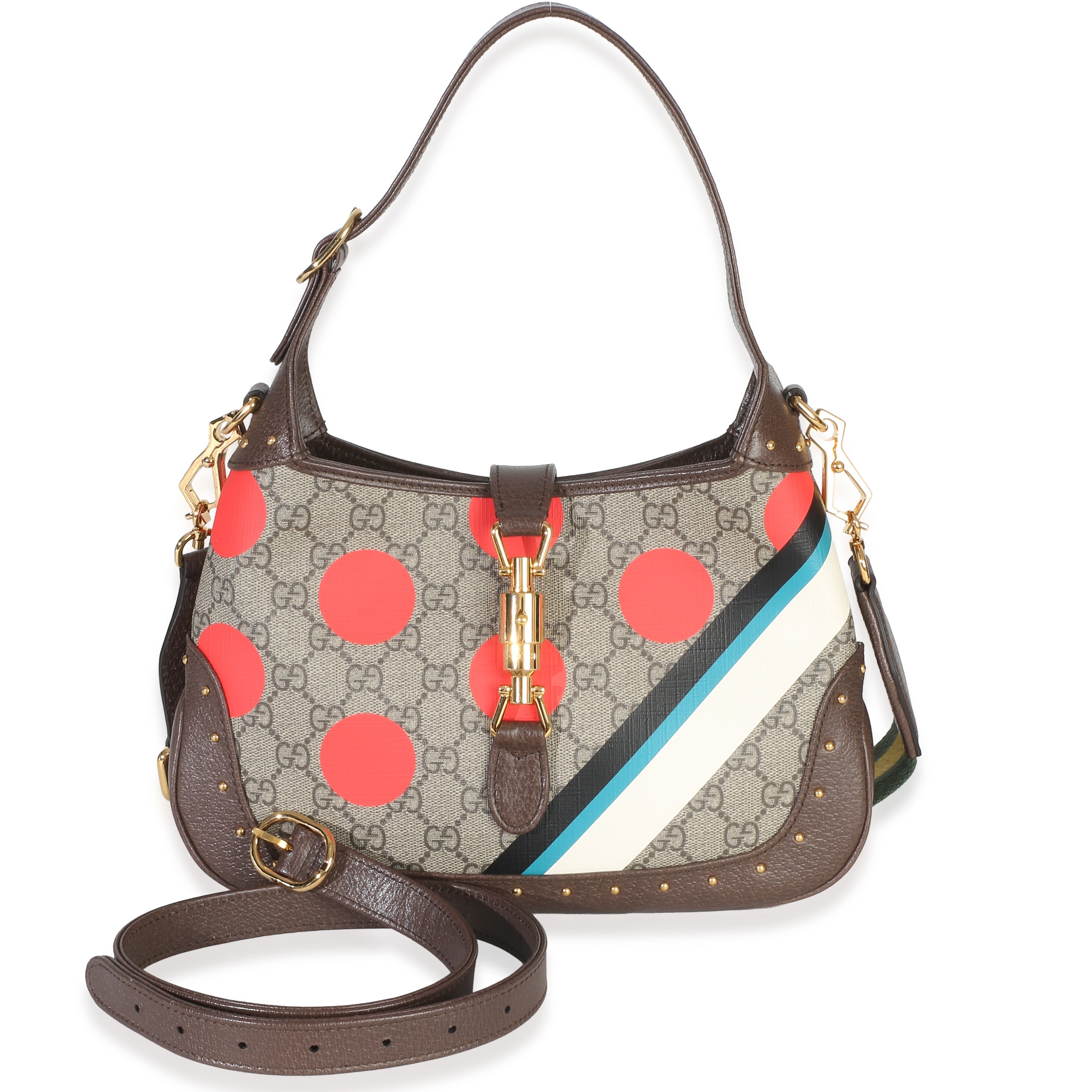 Gucci Beige GG Supreme Monogram Canvas Web Geometric Studded Small Jackie 1961 H