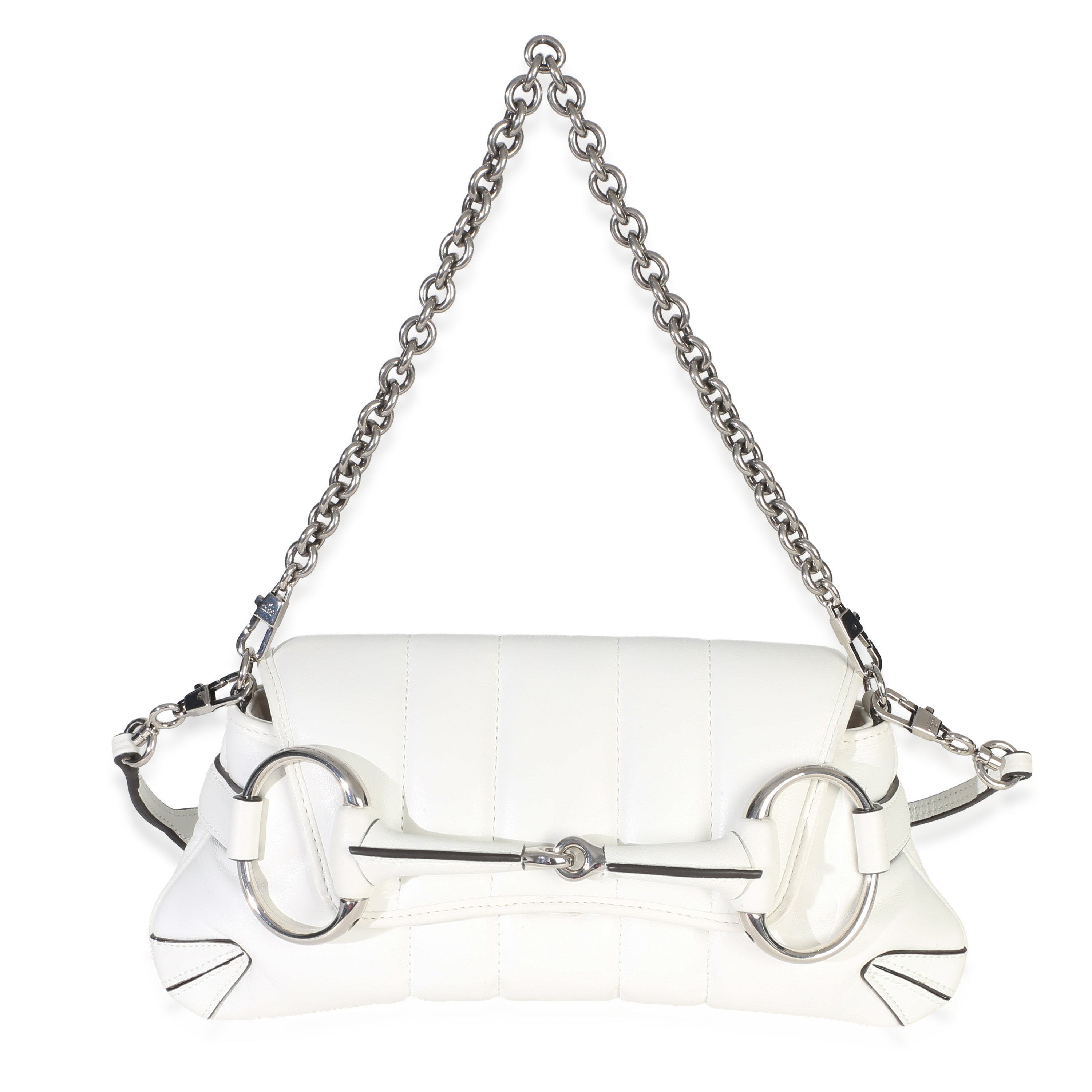 Gucci White Nappa Vertical Matelasse Small Horsebit Chain Shoulder Bag