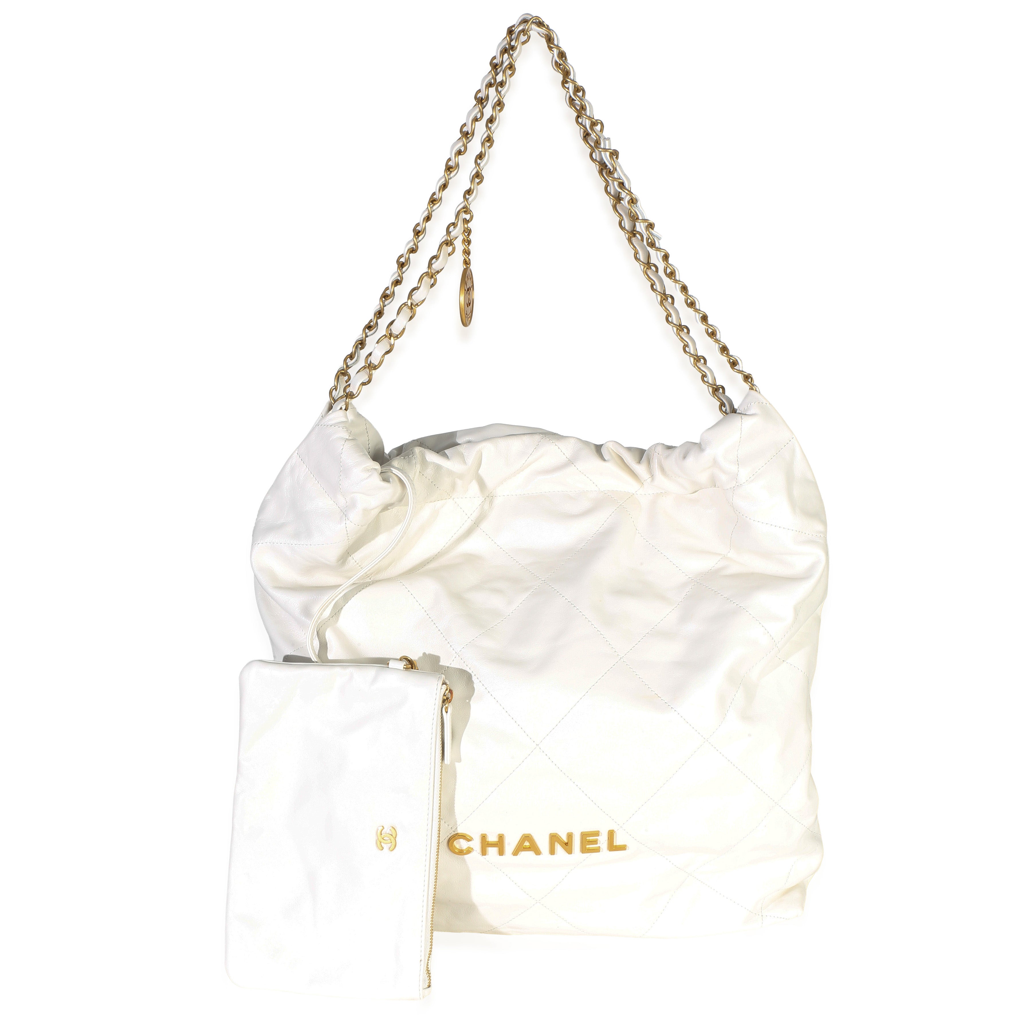 Chanel White Shiny Quilted Calfskin Large Chanel 22 Hobo