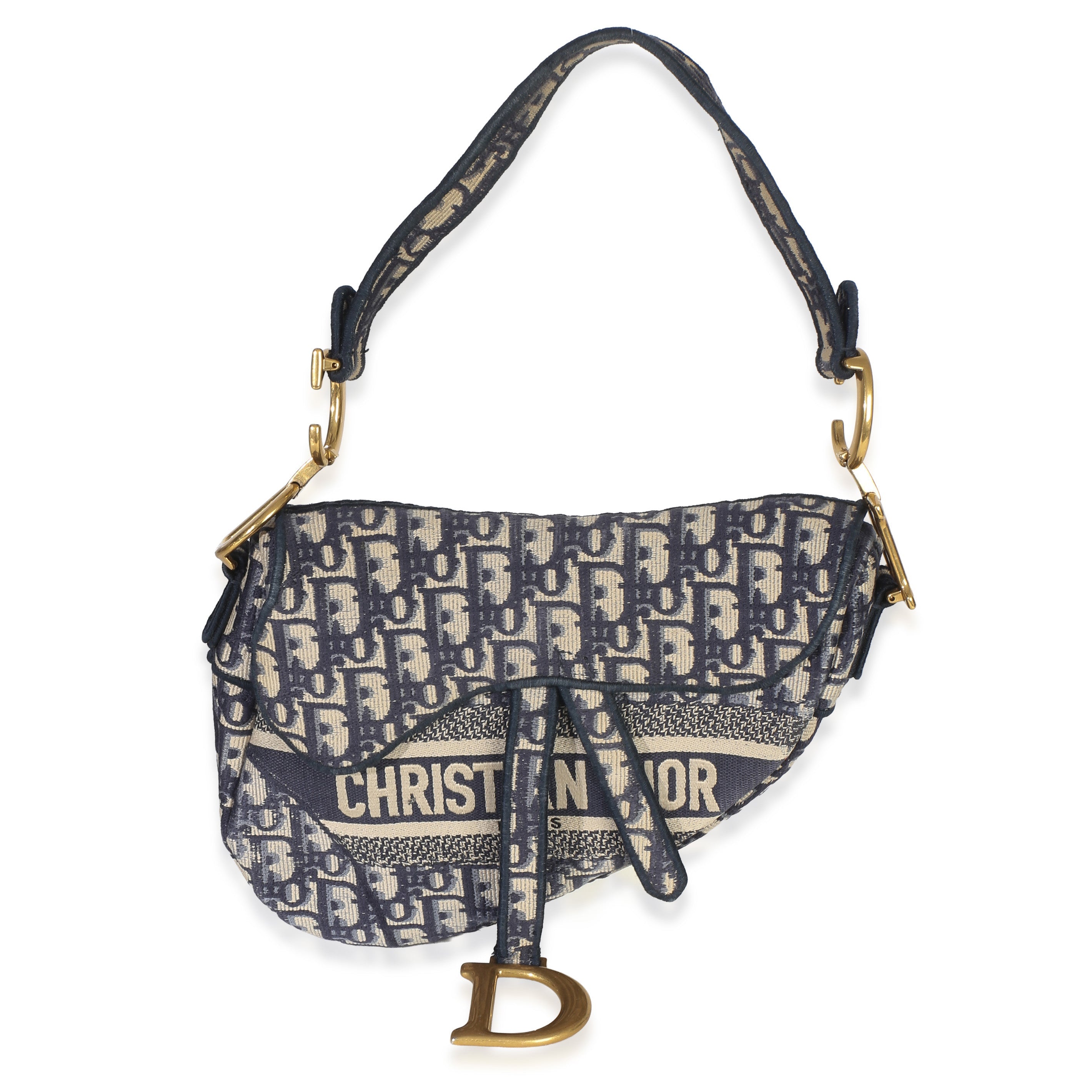 Christian Dior Blue Oblique Embroidered Medium Saddle Bag