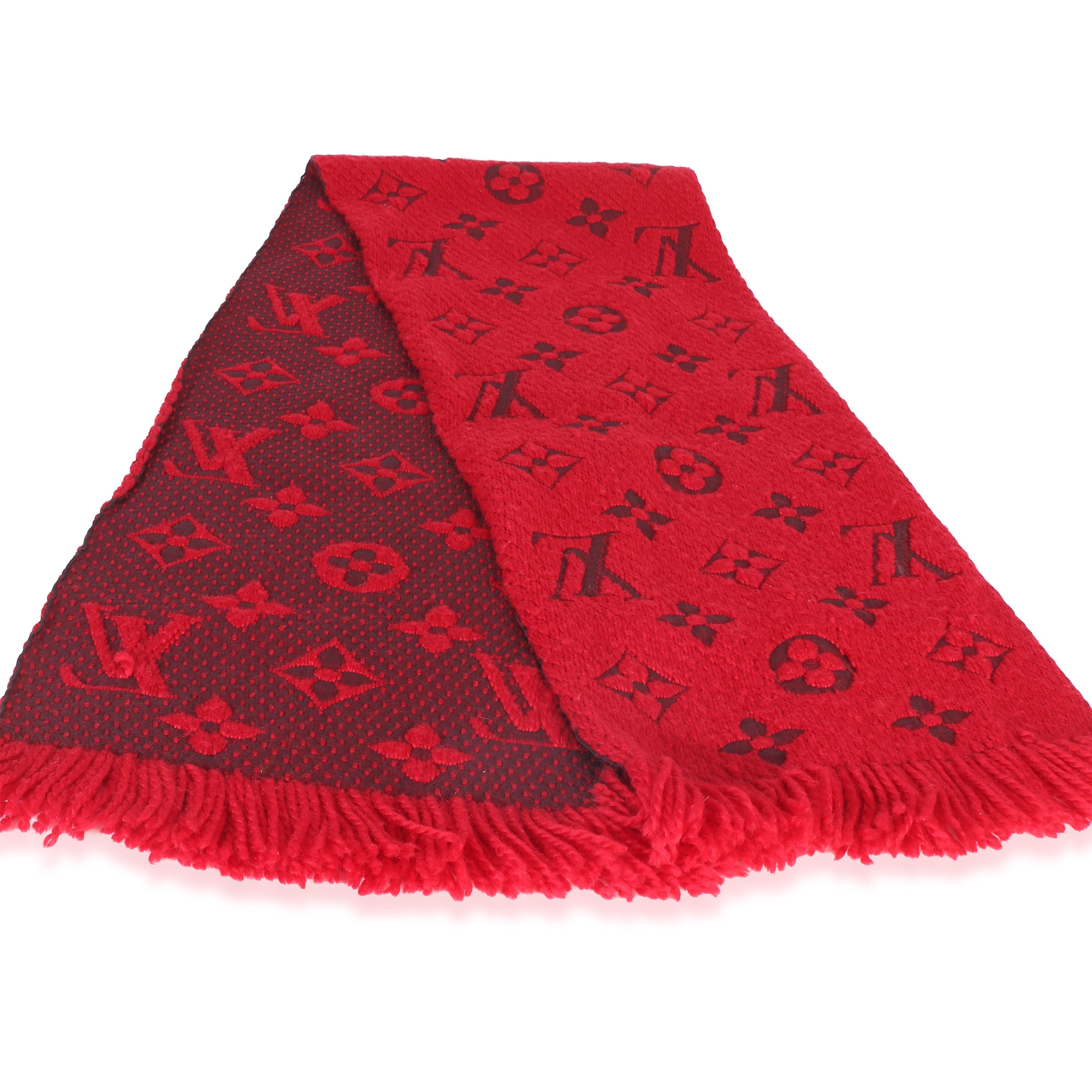 Louis Vuitton Red Monogram Wool Logomania Fringe Scarf
