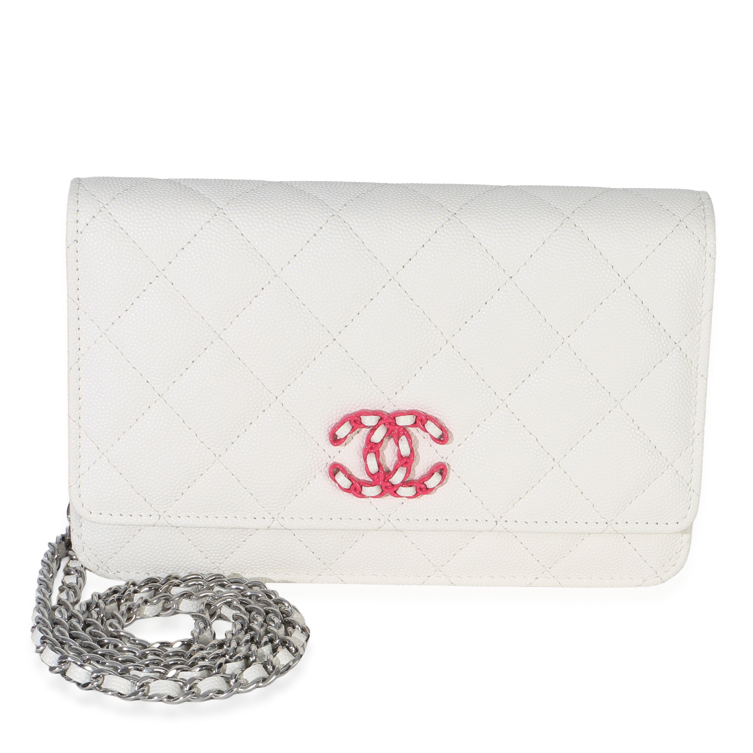 Chanel White Pink Quilted Caviar Woven CC Wallet On Chain