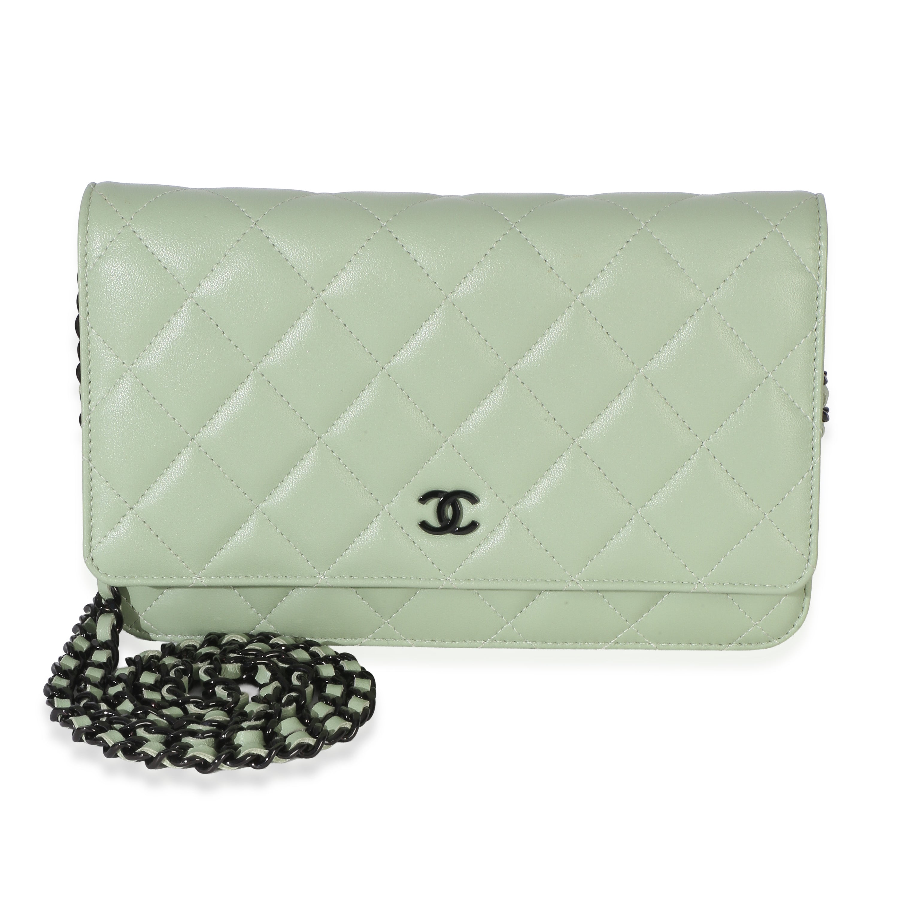 Chanel Light Green Quilted Lambskin Classic Wallet On Chain