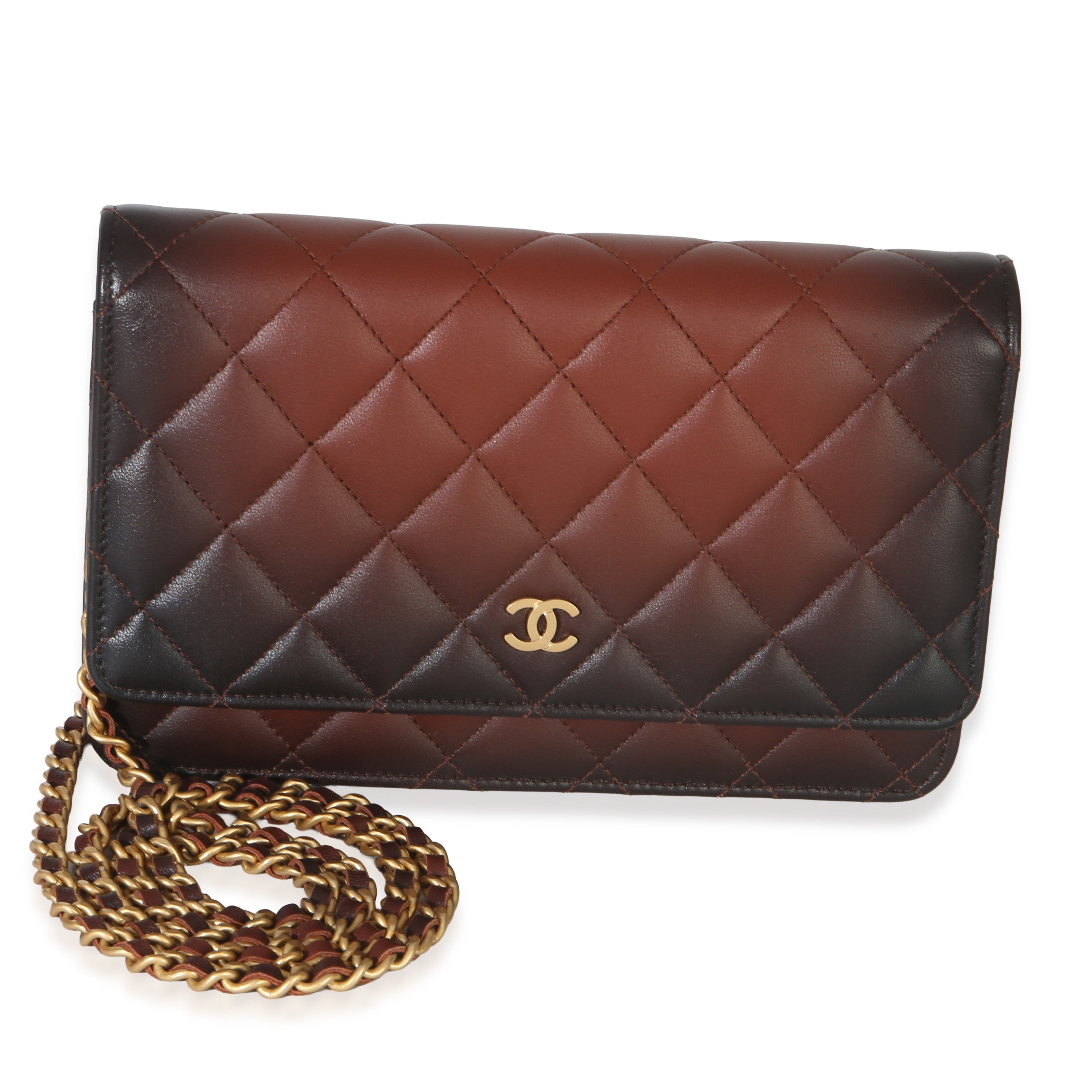 Chanel Brown Ombre Quilted Lambskin Classic Wallet On Chain