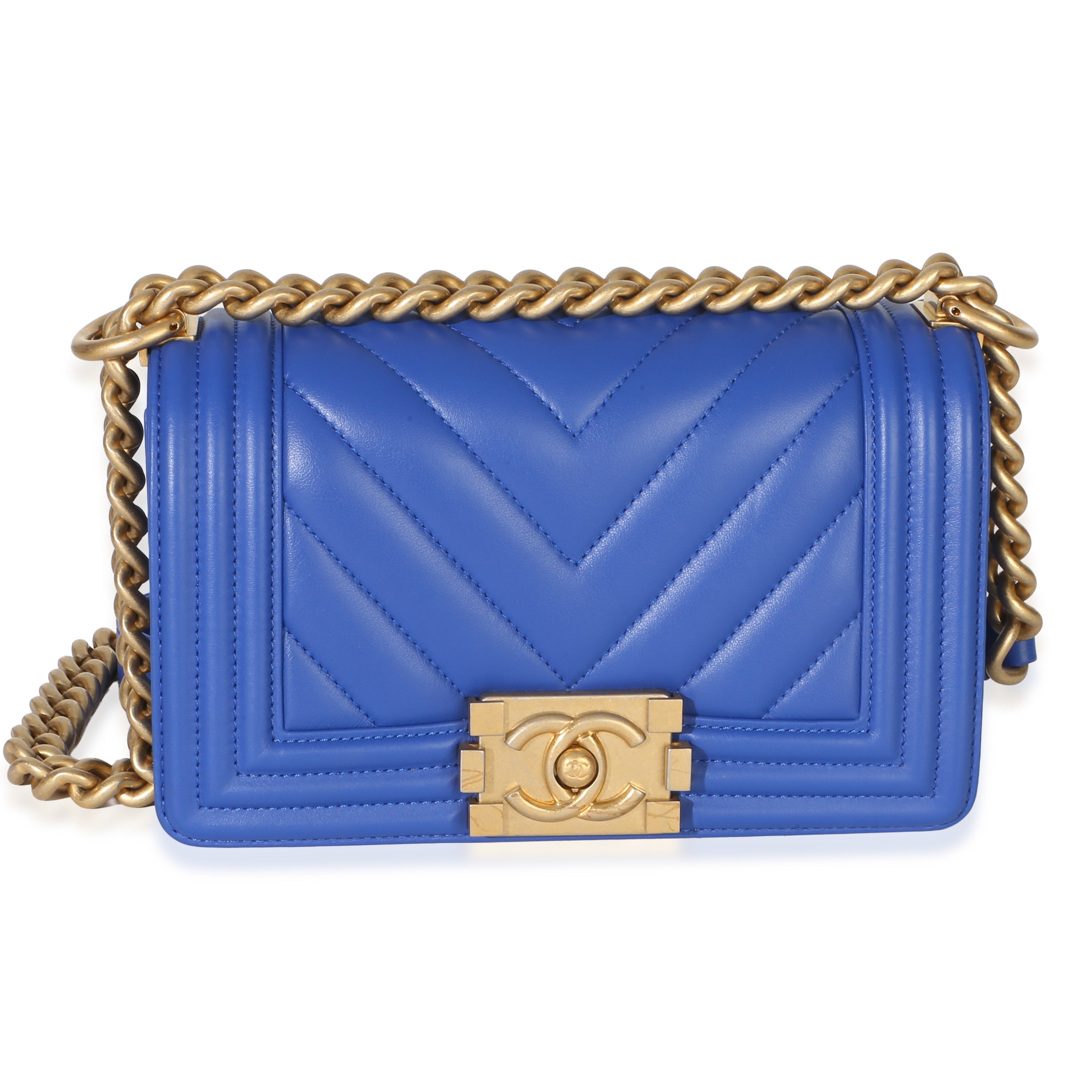 Chanel Blue Lambskin Chevron Quilted Small Boy Bag