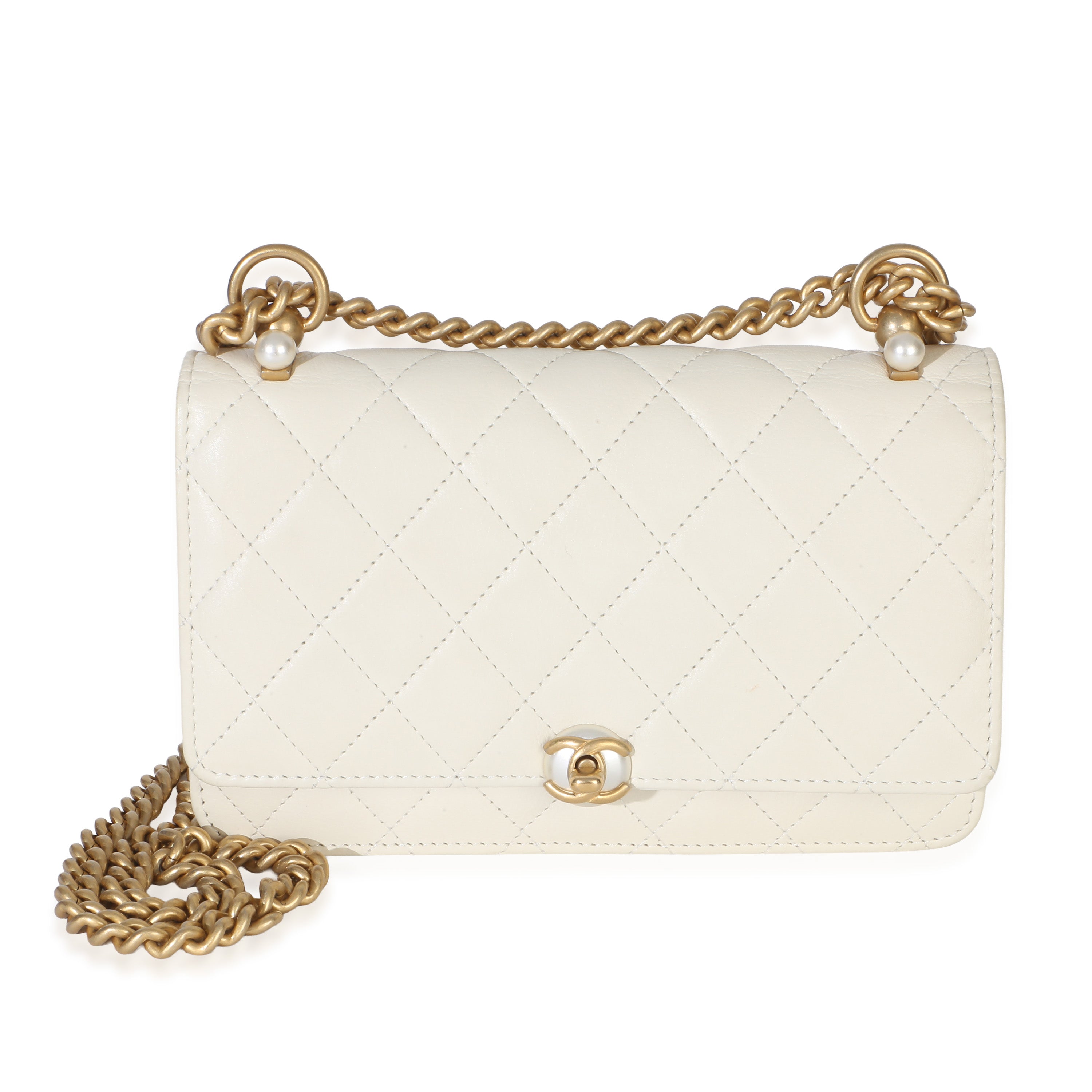 Chanel White Quilted Calfskin Pearl CC Wallet On Chain
