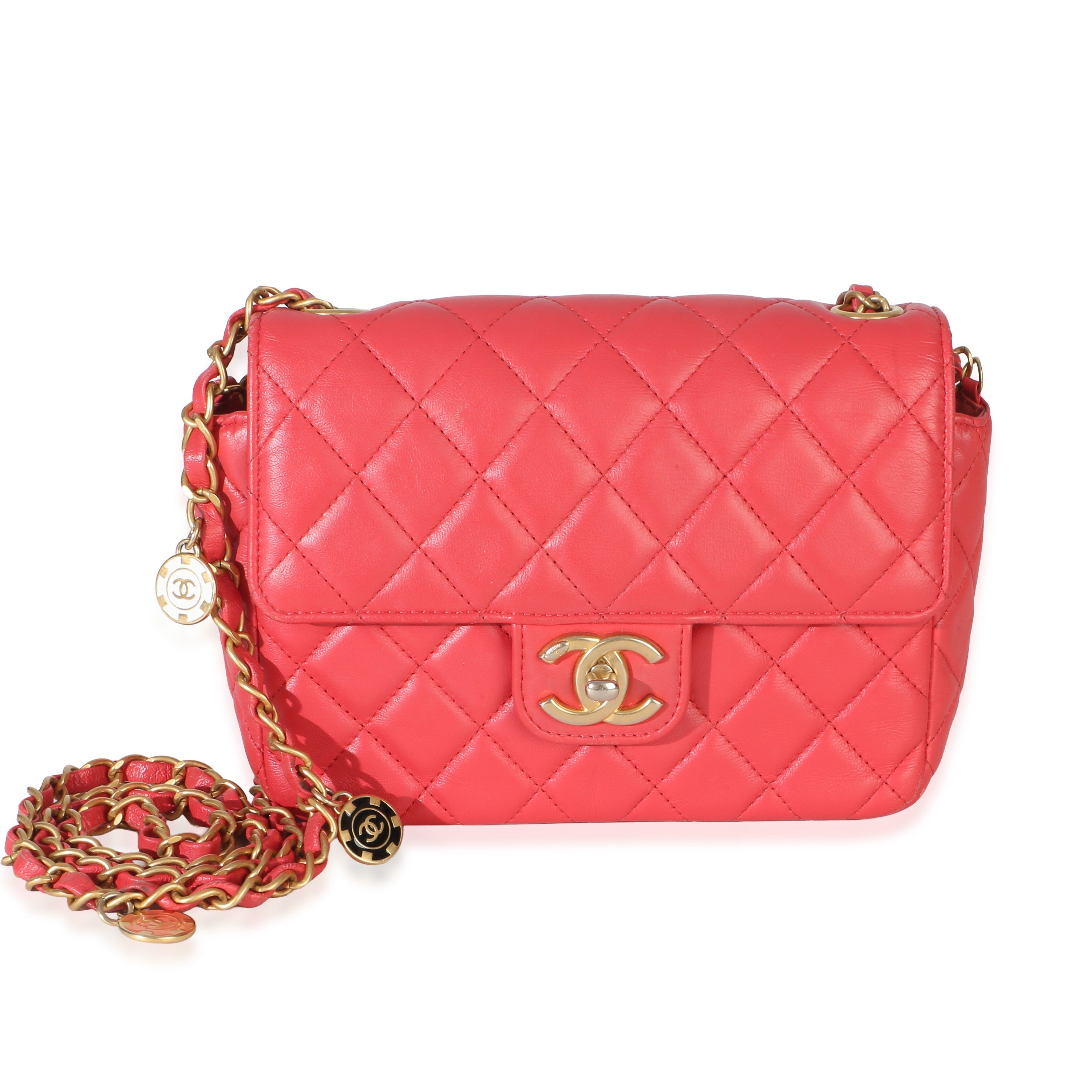 Chanel Red Quilted Lambskin Coco Pins Chain Mini Flap Bag