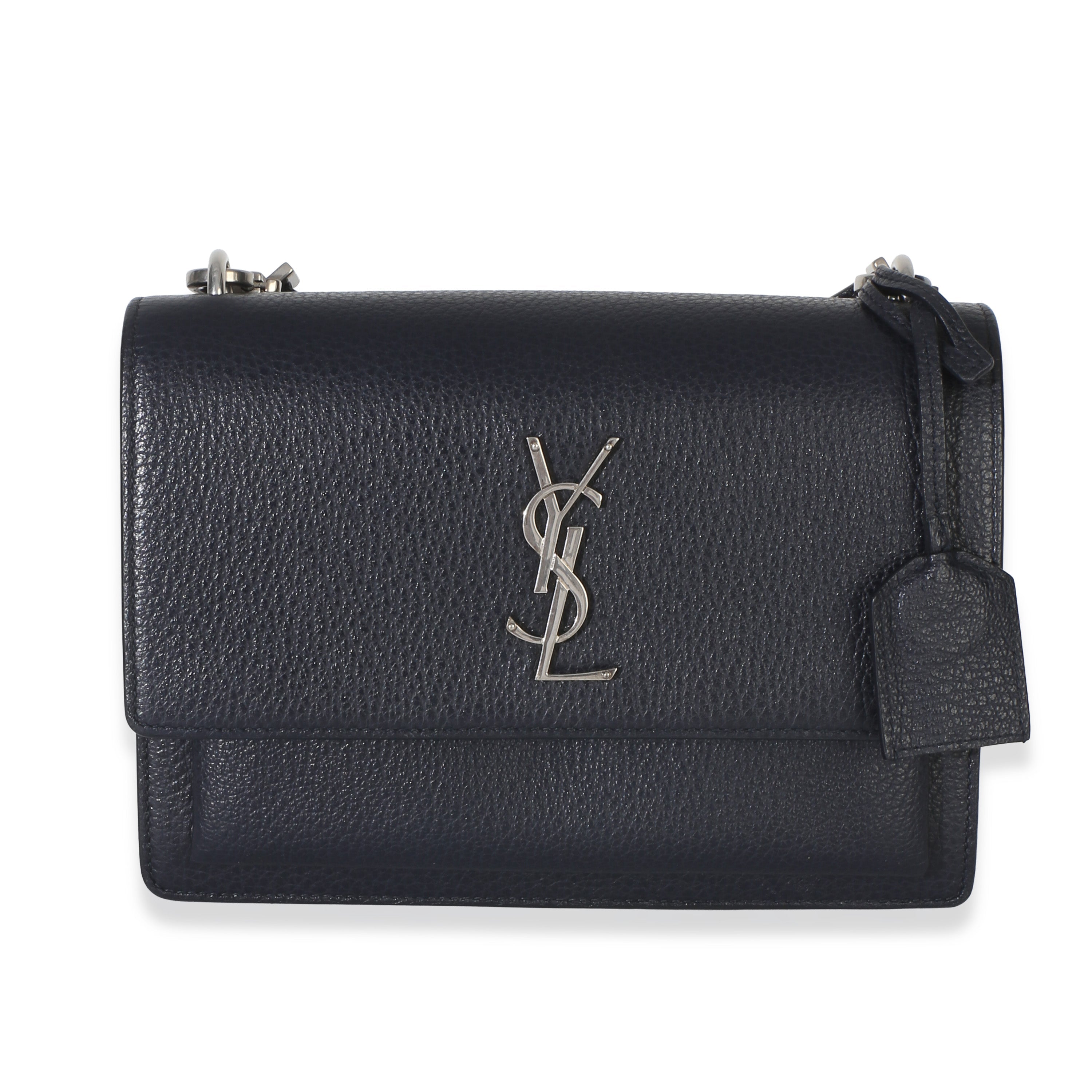 Saint Laurent Navy Grained Calfskin Medium Monogram Sunset Bag
